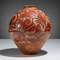 Large Three-Toned Deeply Carved Pottery Jar