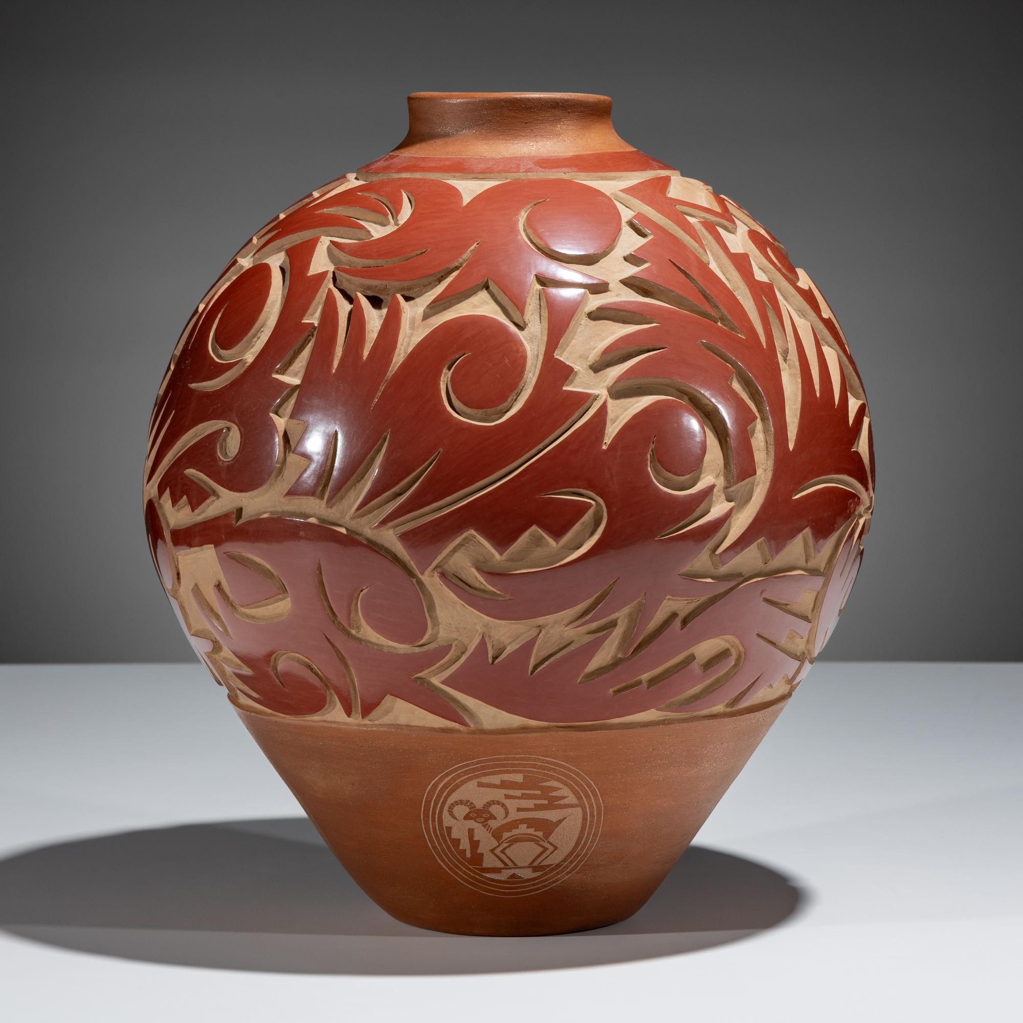 Large Three-Toned Deeply Carved Pottery Jar