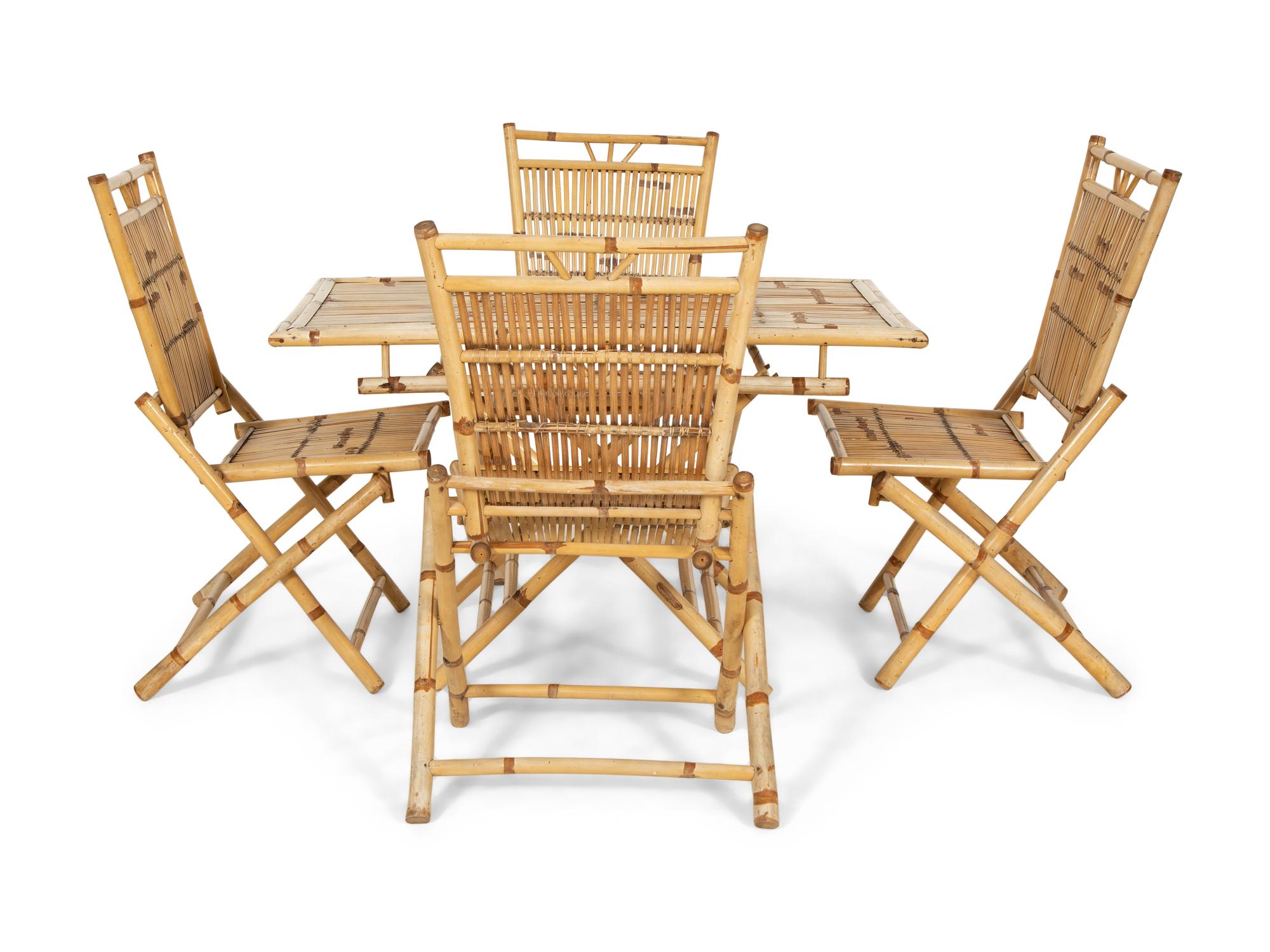 A Contemporary Bamboo Folding Table and Four Folding Chairs