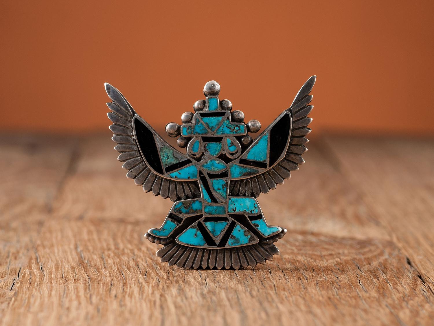 Zuni Silver Knifewing Pin / Brooch, with Turquoise and Jet Channel Inlay