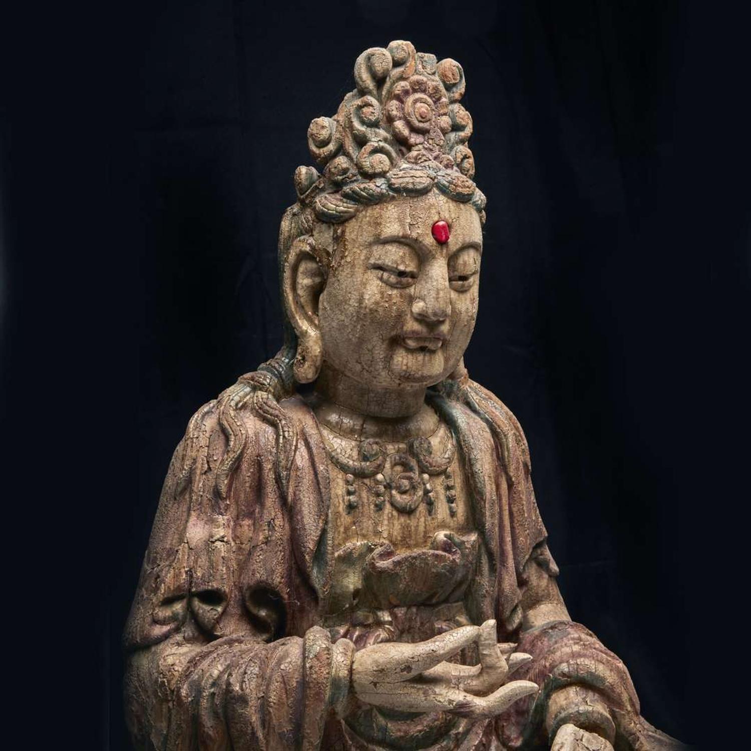A large carved and polychromed wood figure of the Bodhisattva Puxian 木雕普贤菩萨坐像 Ming Dynasty or later ????