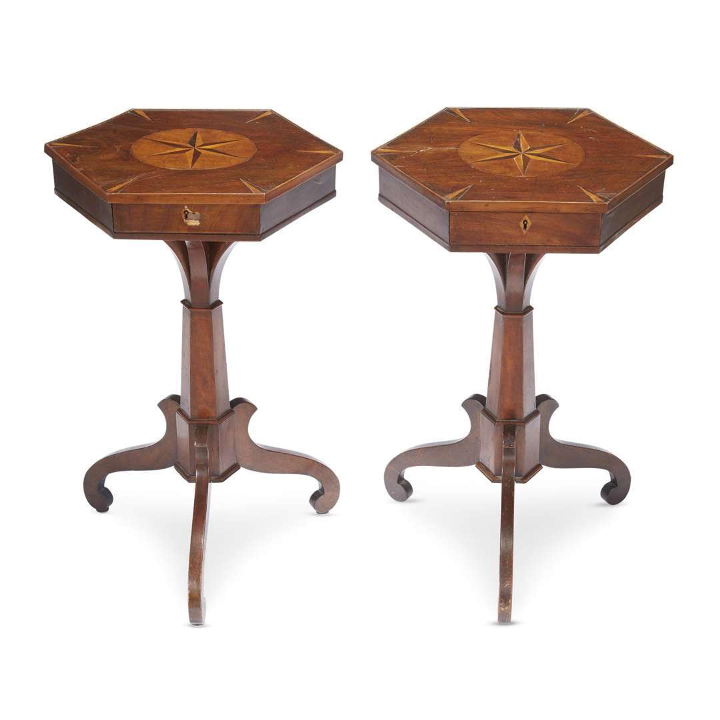 Pair of inlaid mahogany single-drawer stands early 19th century