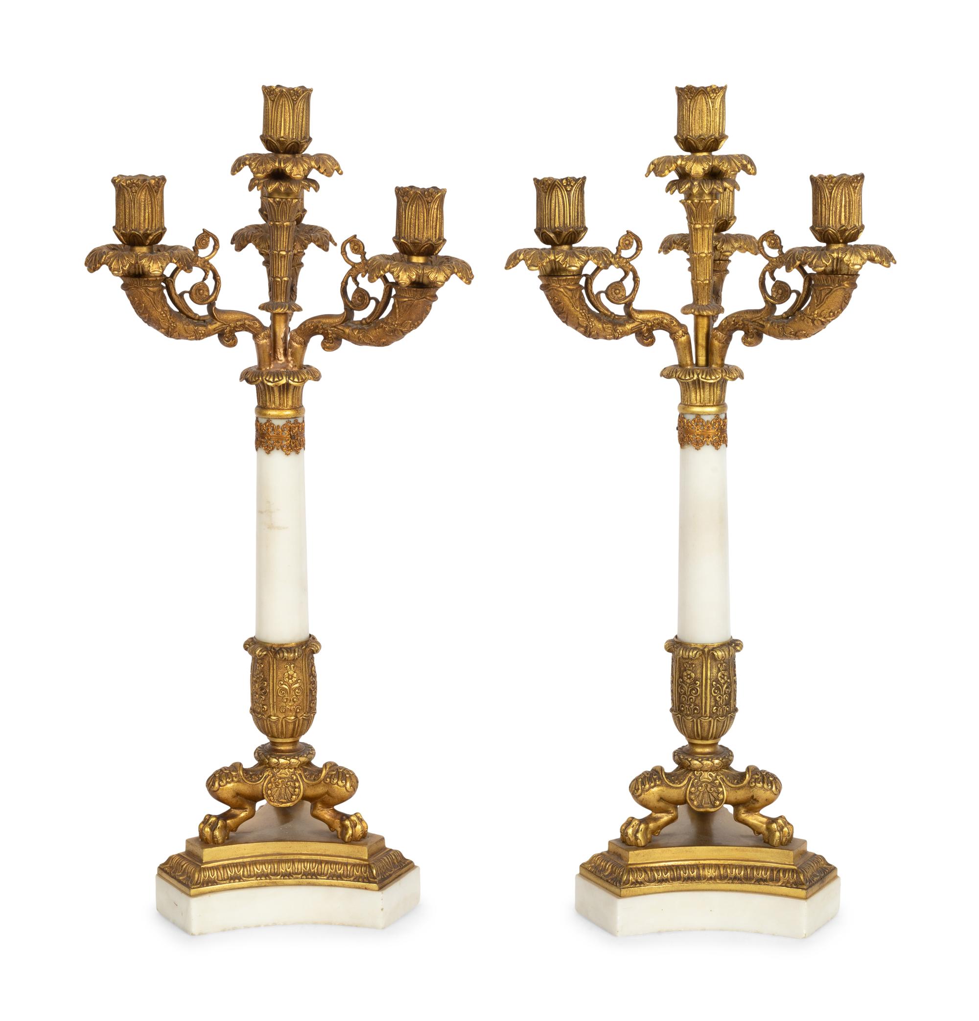 A Pair of Charles X Style Gilt Metal and Marble Four-Light Candelabra