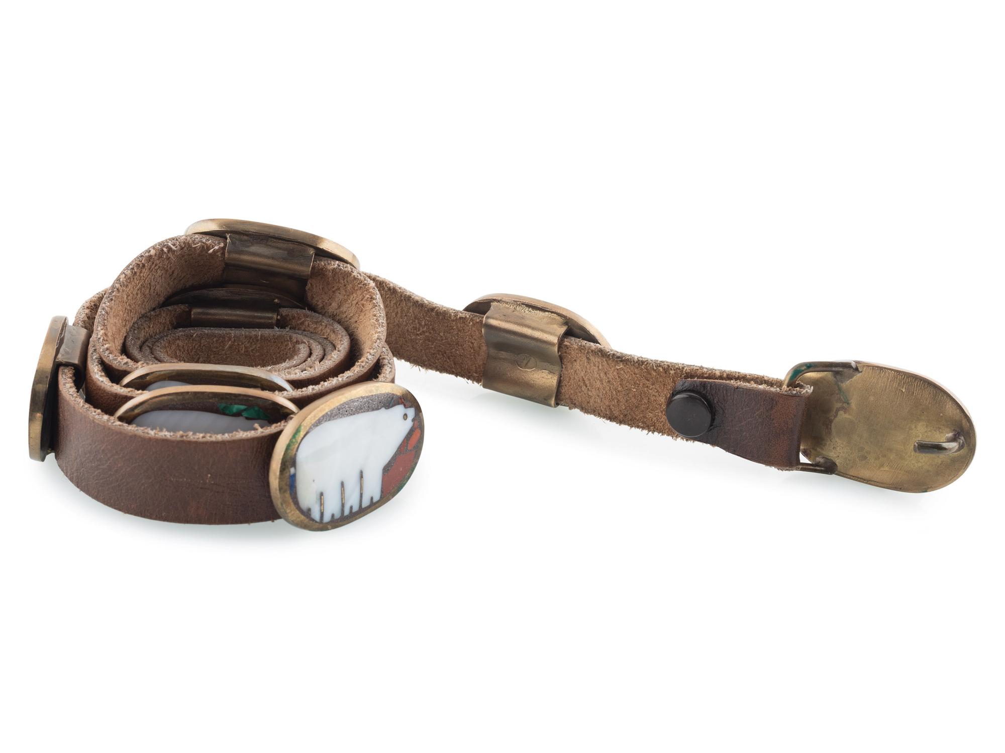 Southwestern-style Brass and Mosaic Inlay Polar Bear Concha Belt