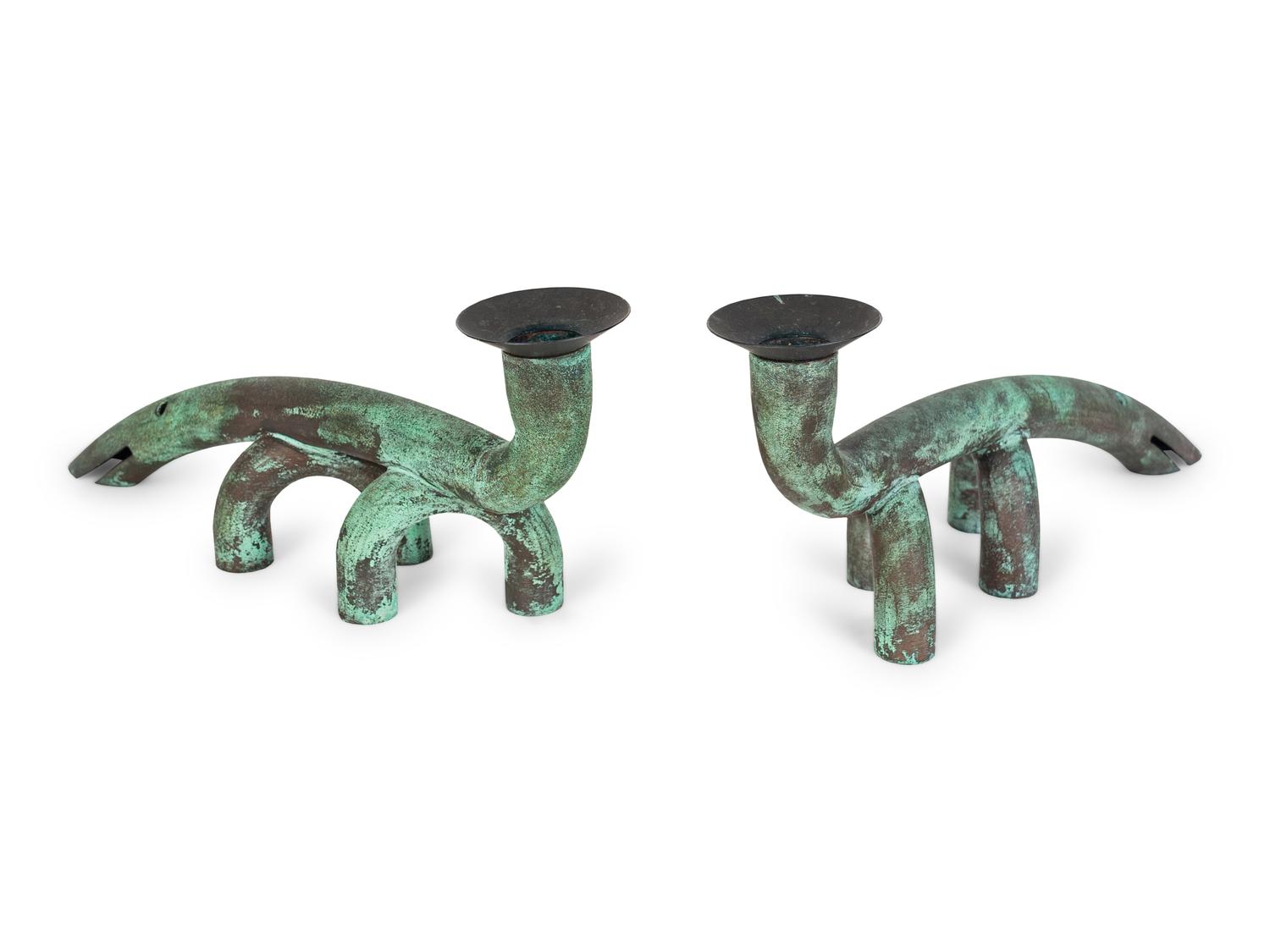 A Pair of Copper Craft Anteater Candlesticks by Jonathan G. Bonner (American, b. 1947)