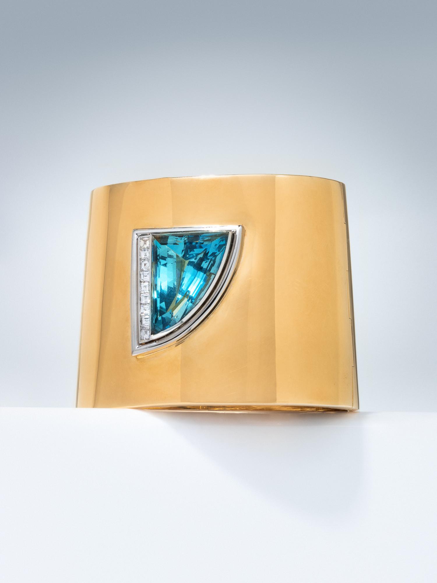 TIFFANY & CO., PALOMA PICASSO, BICOLOR GOLD, AQUAMARINE AND DIAMOND BANGLE BRACELET