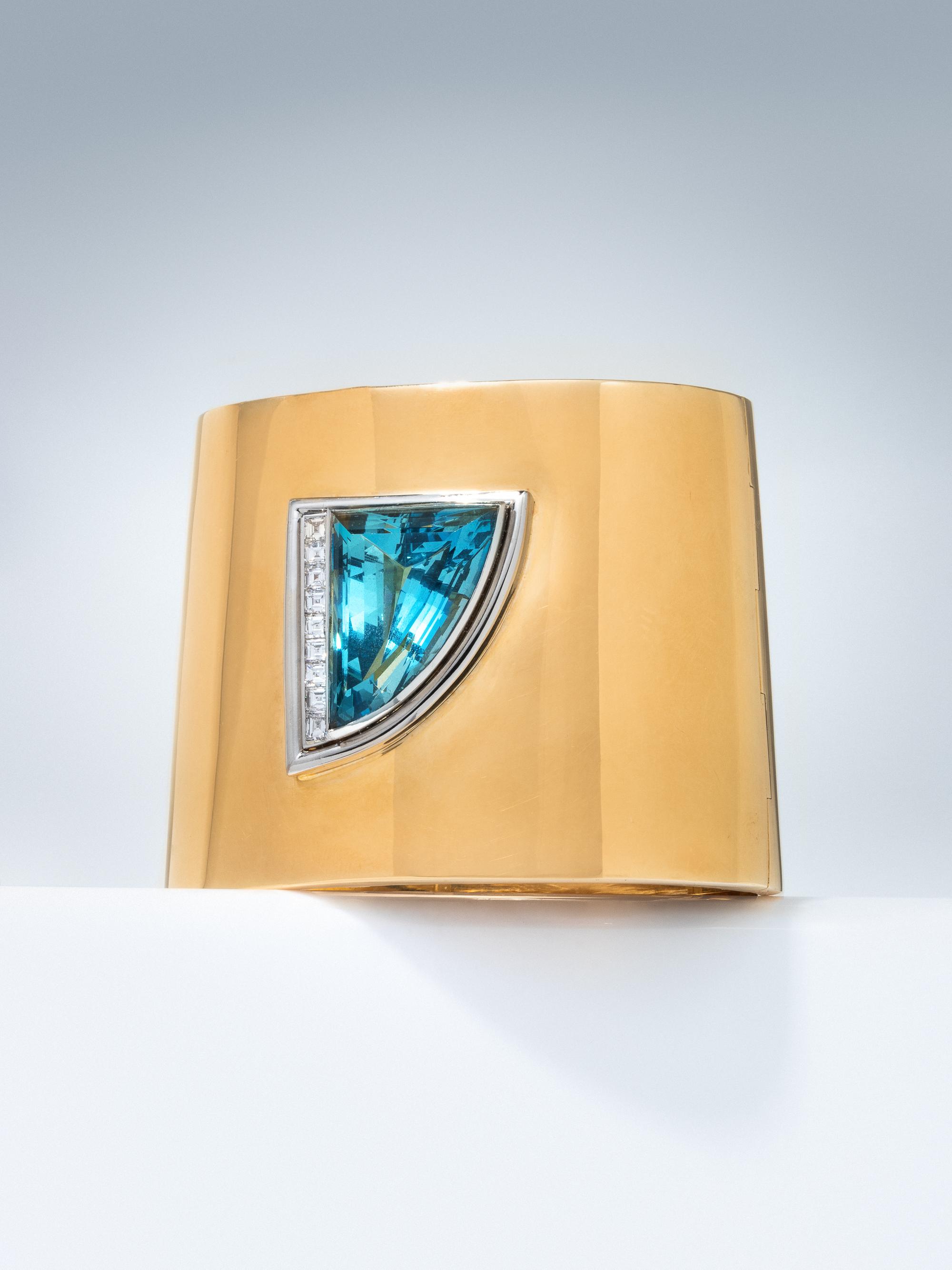TIFFANY & CO., PALOMA PICASSO, BICOLOR GOLD, AQUAMARINE AND DIAMOND BANGLE BRACELET