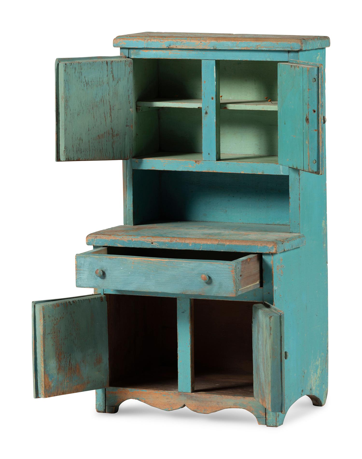 A Late Country Federal Blue Painted Pine Child's Step-Back Cupboard