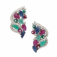 Emerald, Ruby, Sapphire, Diamond, and White Gold Earrings