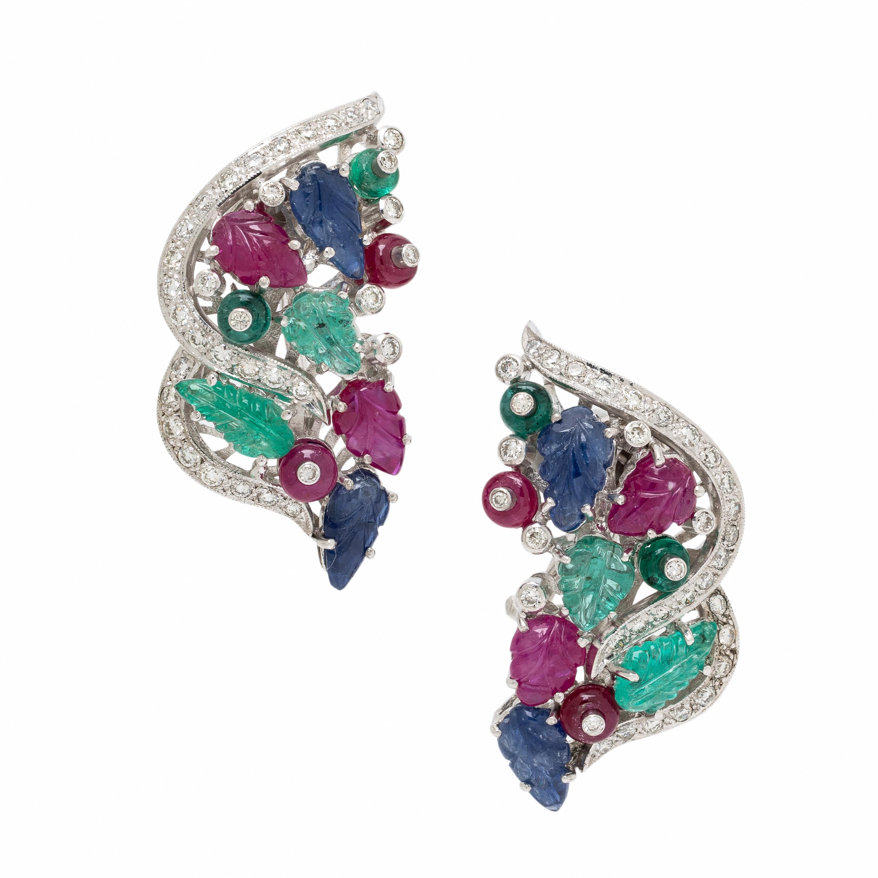 Emerald, Ruby, Sapphire, Diamond, and White Gold Earrings