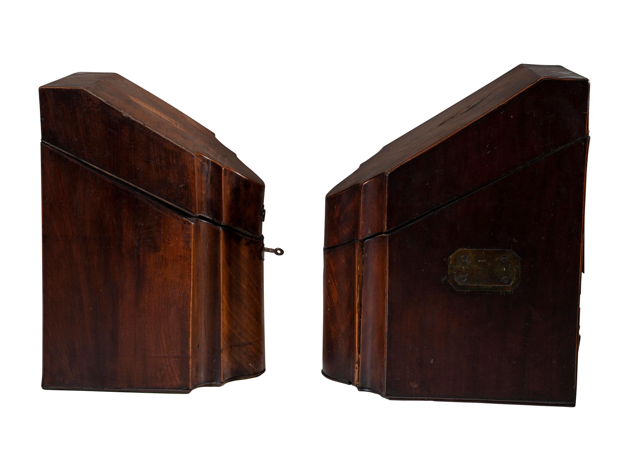 Two Georgian Mahogany Knife Boxes with Shell Inlay