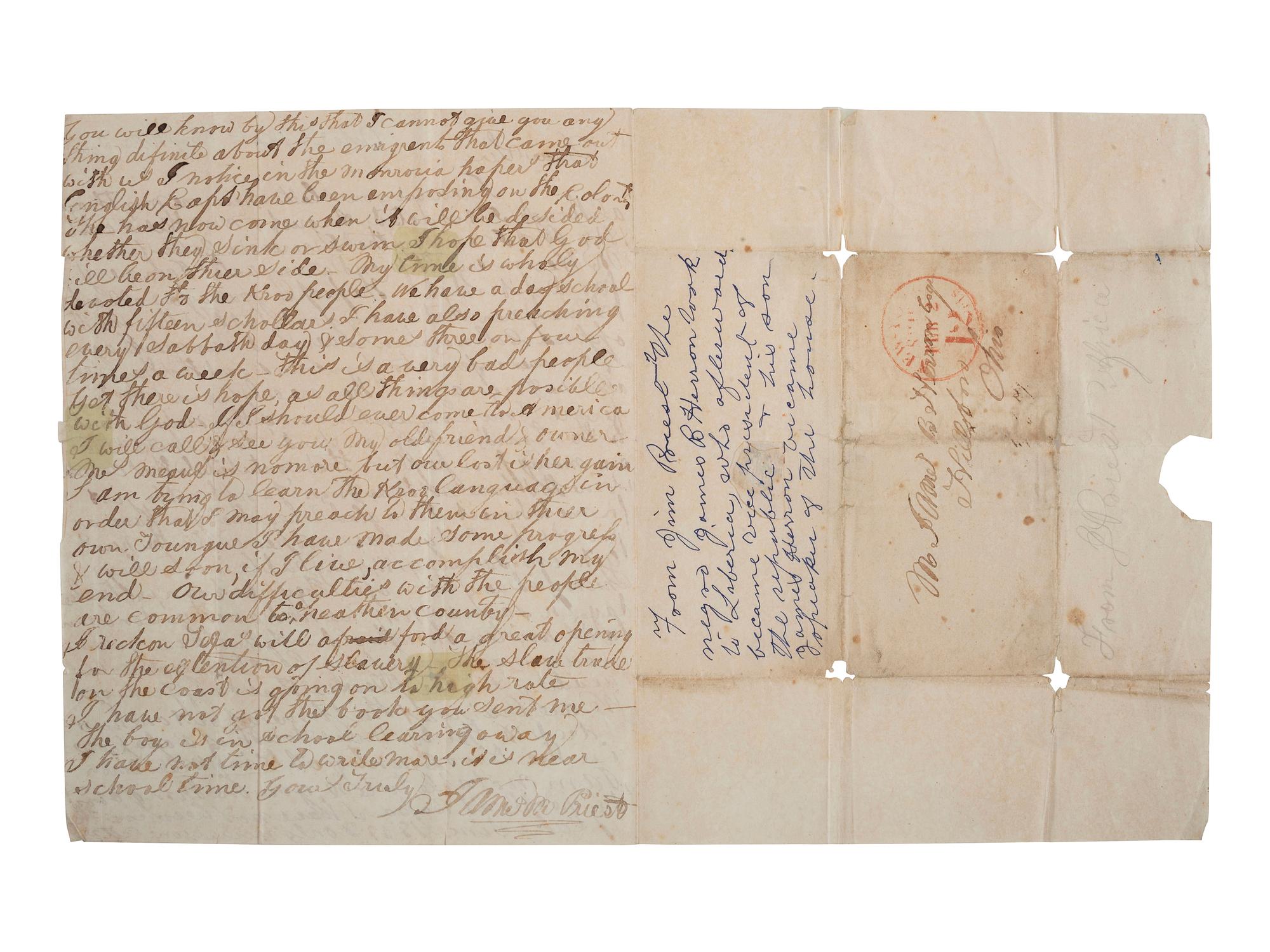 [LIBERIA]. PRIEST, James M. (1819-1883). Autograph letter signed ("James M. Priest"), to James B. Herron. King Will Town, Liberia, 23 October 1845.