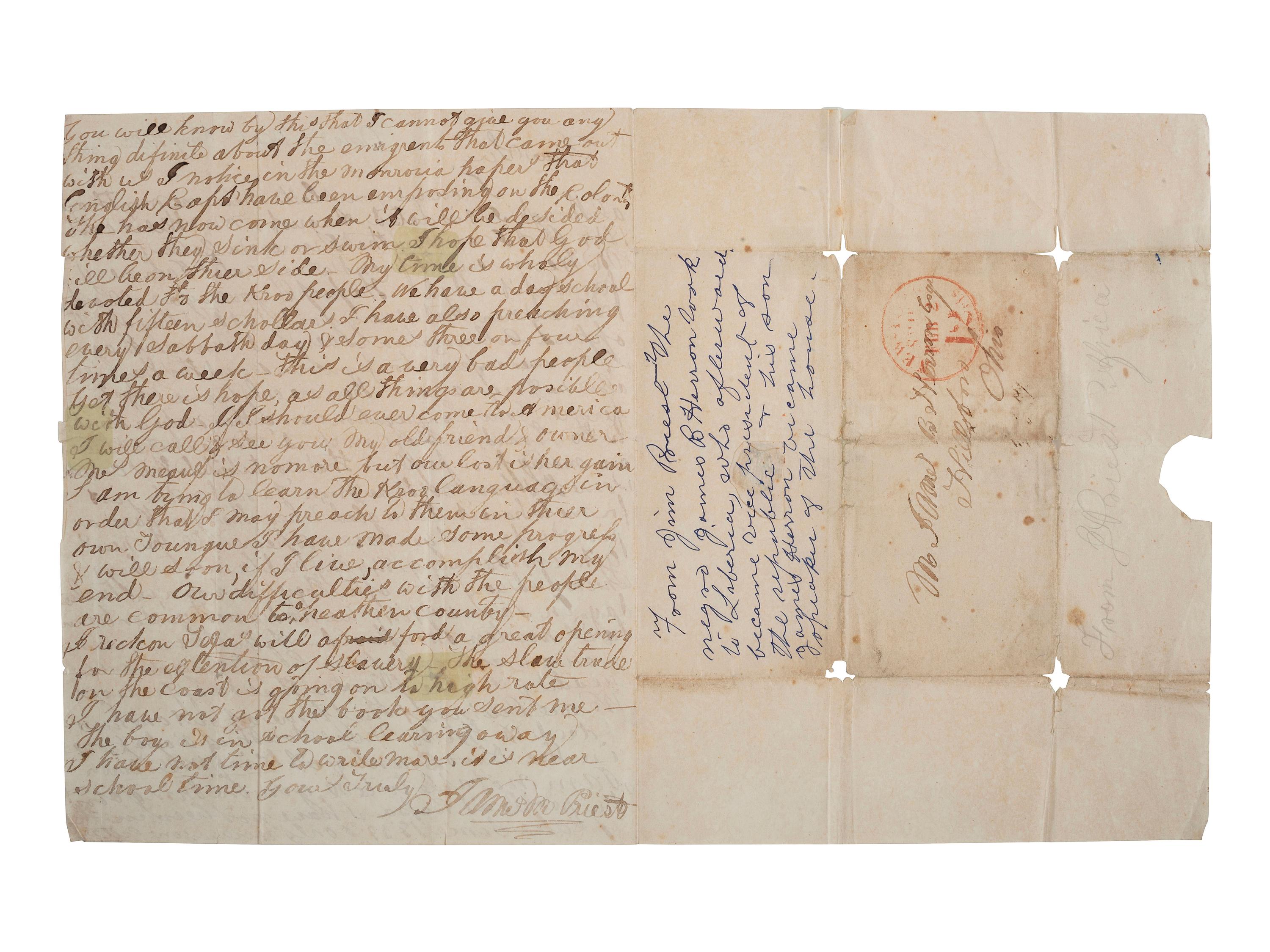 [LIBERIA]. PRIEST, James M. (1819-1883). Autograph letter signed ("James M. Priest"), to James B. Herron. King Will Town, Liberia, 23 October 1845.