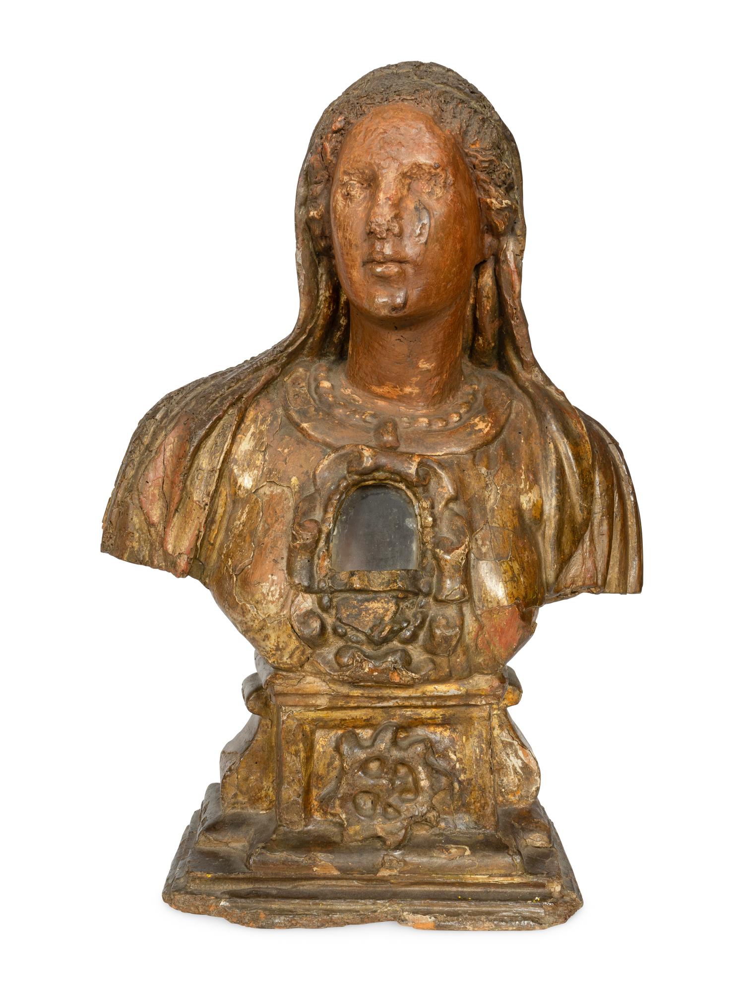 A Continental Carved and Polychrome Decorated Reliquary Bust