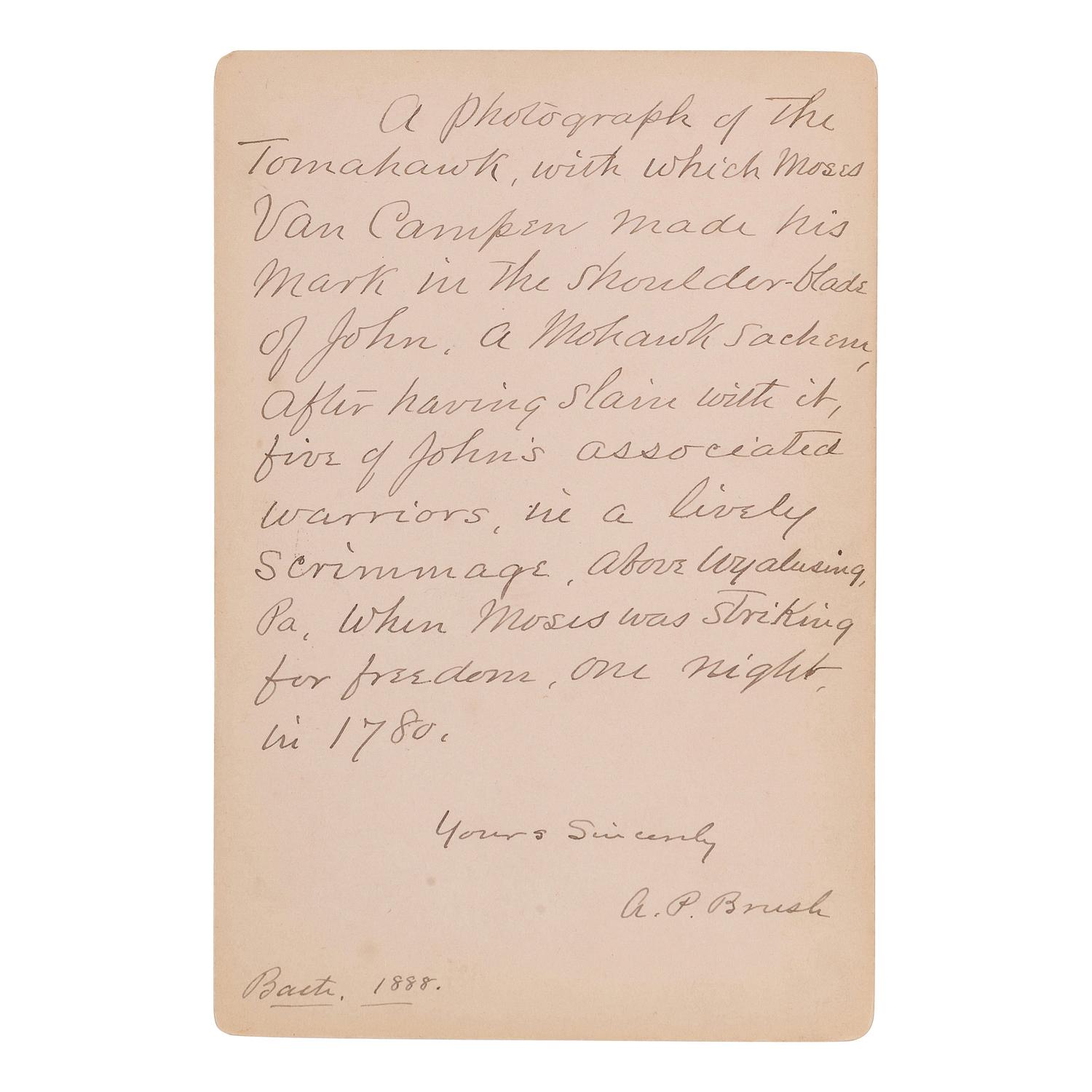 [NATIVE AMERICANS]. Cabinet photograph of the tomahawk of John Mohawk, stolen and used by Moses Van Campen in 1780. Bath, New York: Goold, 1888.