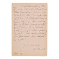 [NATIVE AMERICANS]. Cabinet photograph of the tomahawk of John Mohawk, stolen and used by Moses Van Campen in 1780. Bath, New York: Goold, 1888.