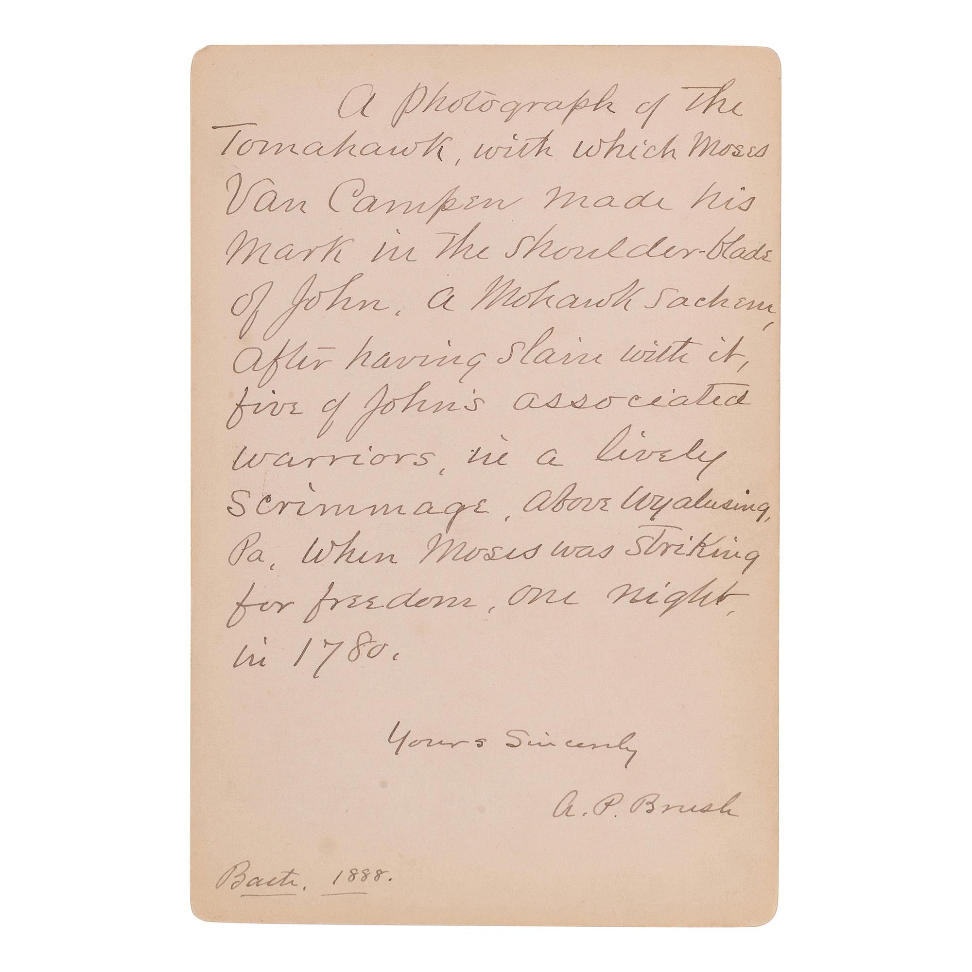 [NATIVE AMERICANS]. Cabinet photograph of the tomahawk of John Mohawk, stolen and used by Moses Van Campen in 1780. Bath, New York: Goold, 1888.