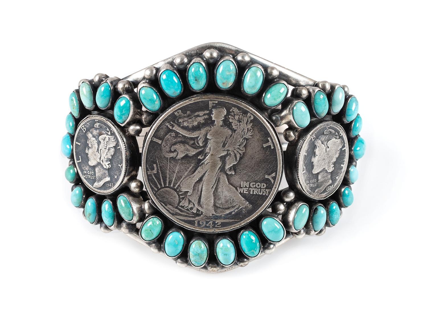 Sterling Silver, Turquoise, and Coin Cuff Bracelet