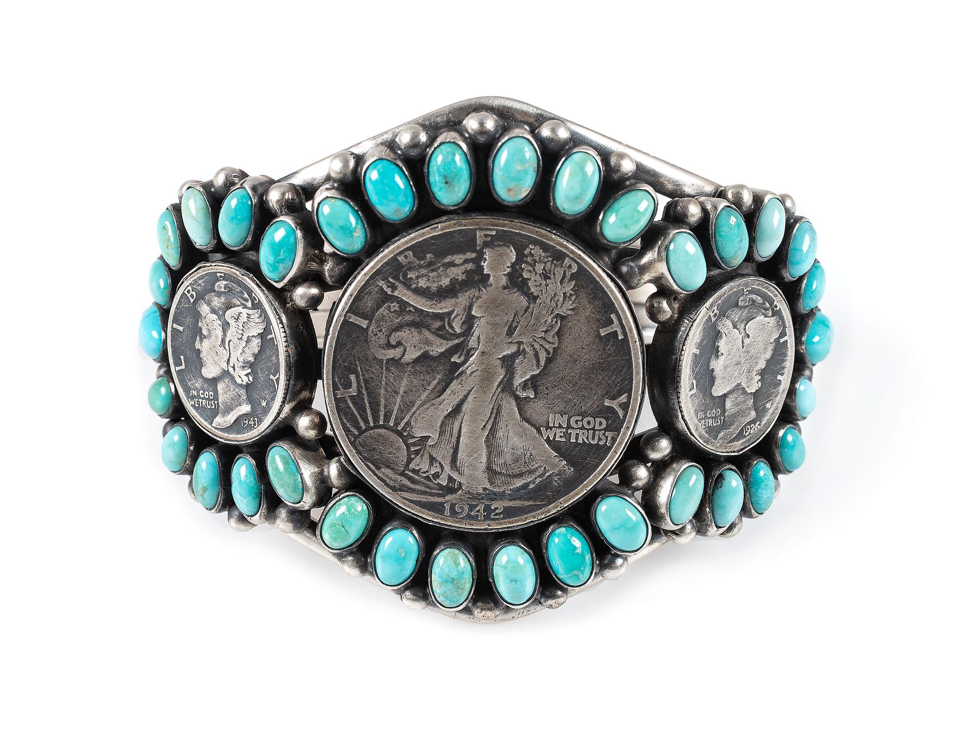 Sterling Silver, Turquoise, and Coin Cuff Bracelet