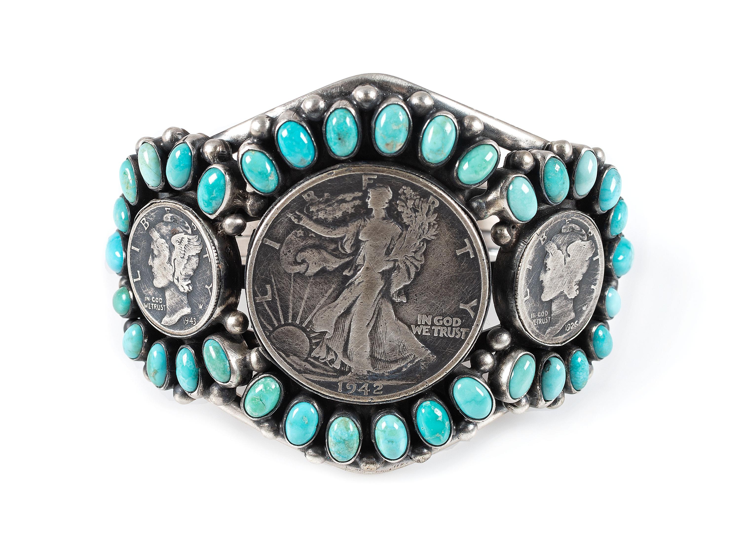 Sterling Silver, Turquoise, and Coin Cuff Bracelet