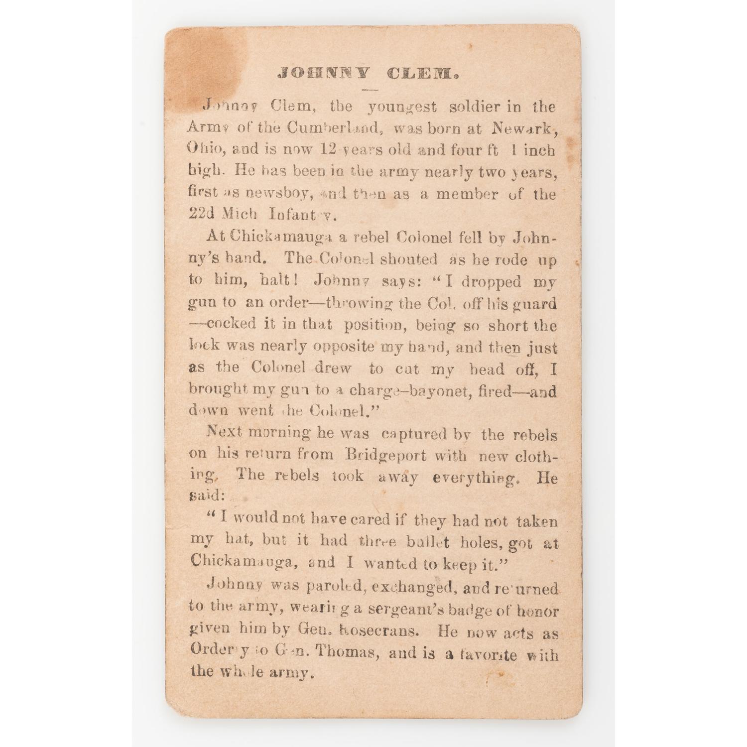 Johnny Clem CDV with Clipped Signature as Major General