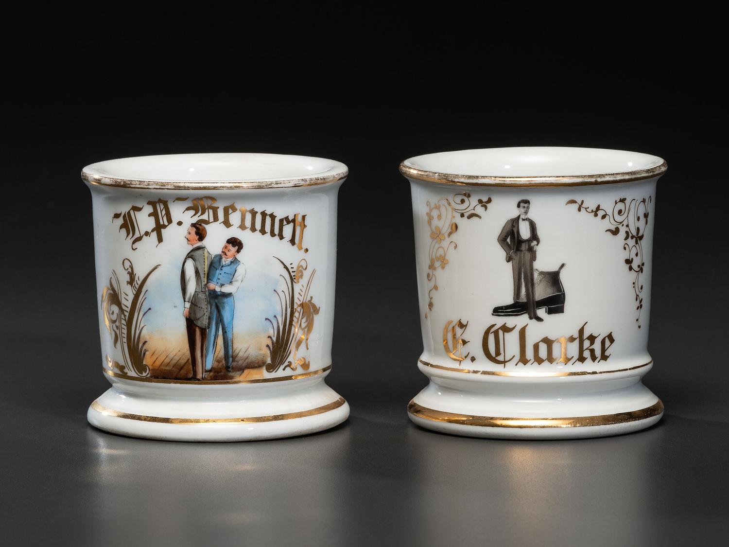 Two Porcelain Occupational Shaving Mugs of Sartorial Interest