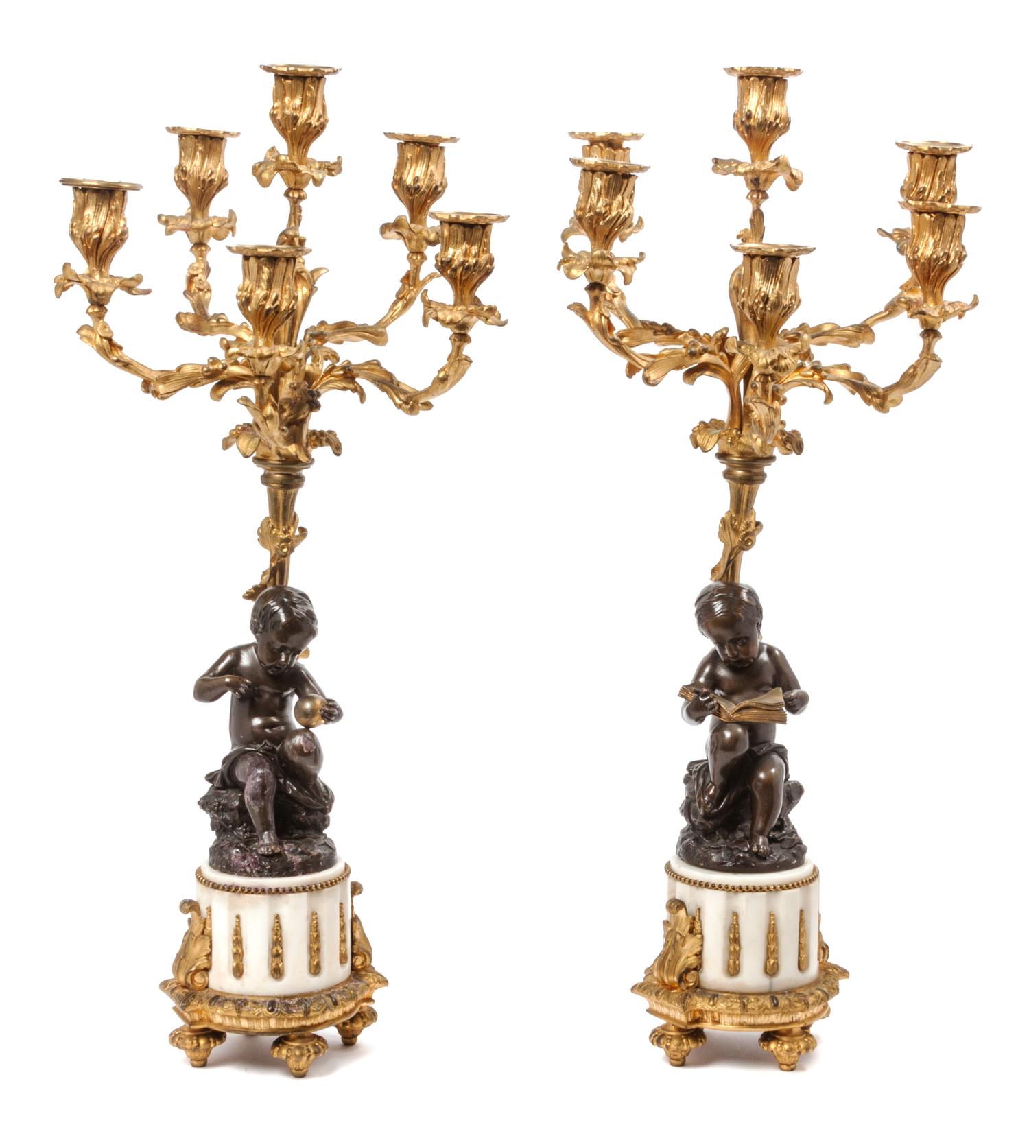 A Pair of French Gilt and Patinated Bronze Six-Light Candelabra Height 24 1/4 inches. — 19TH/20TH CENTURY