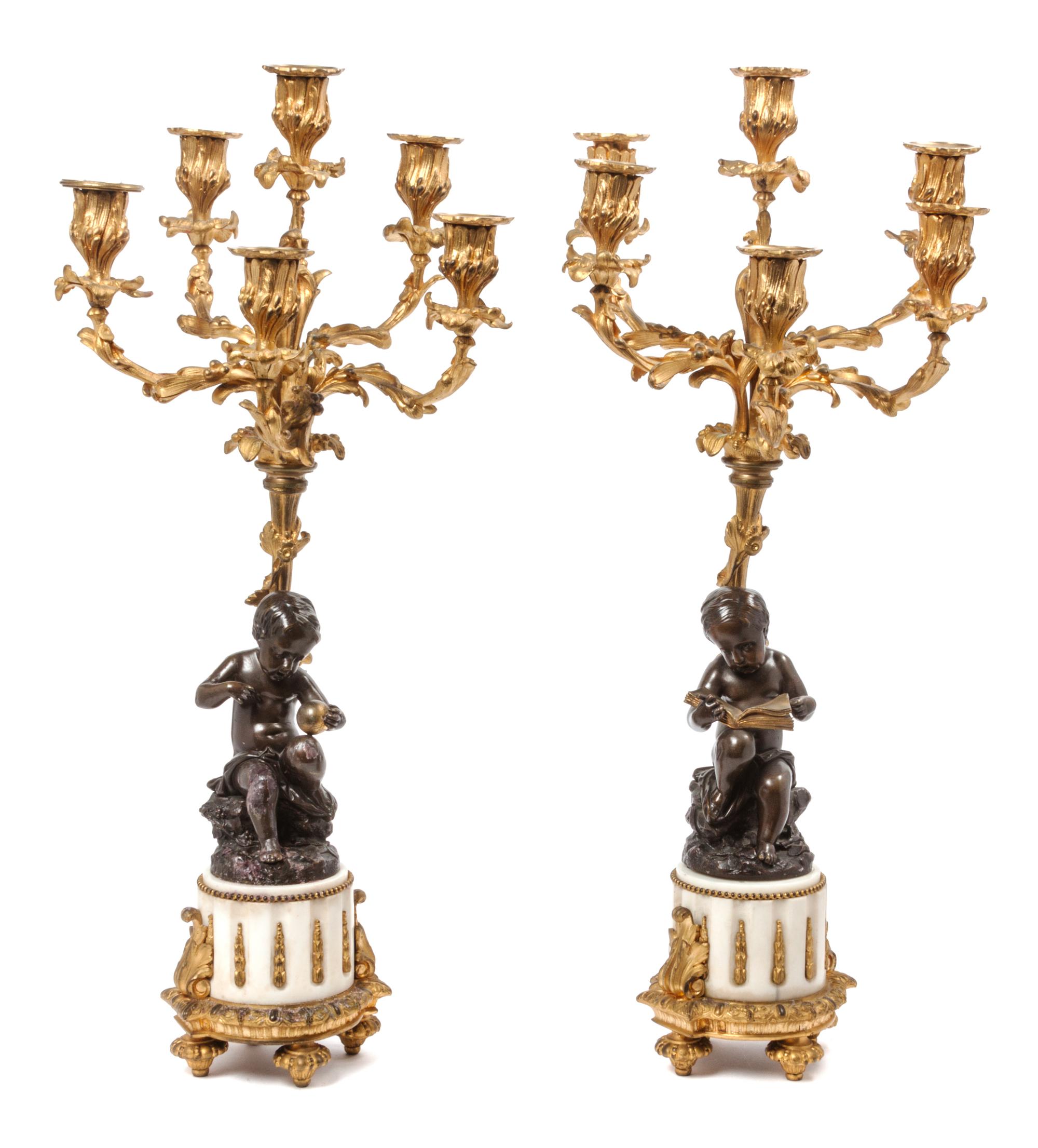 A Pair of French Gilt and Patinated Bronze Six-Light Candelabra Height 24 1/4 inches. — 19TH/20TH CENTURY