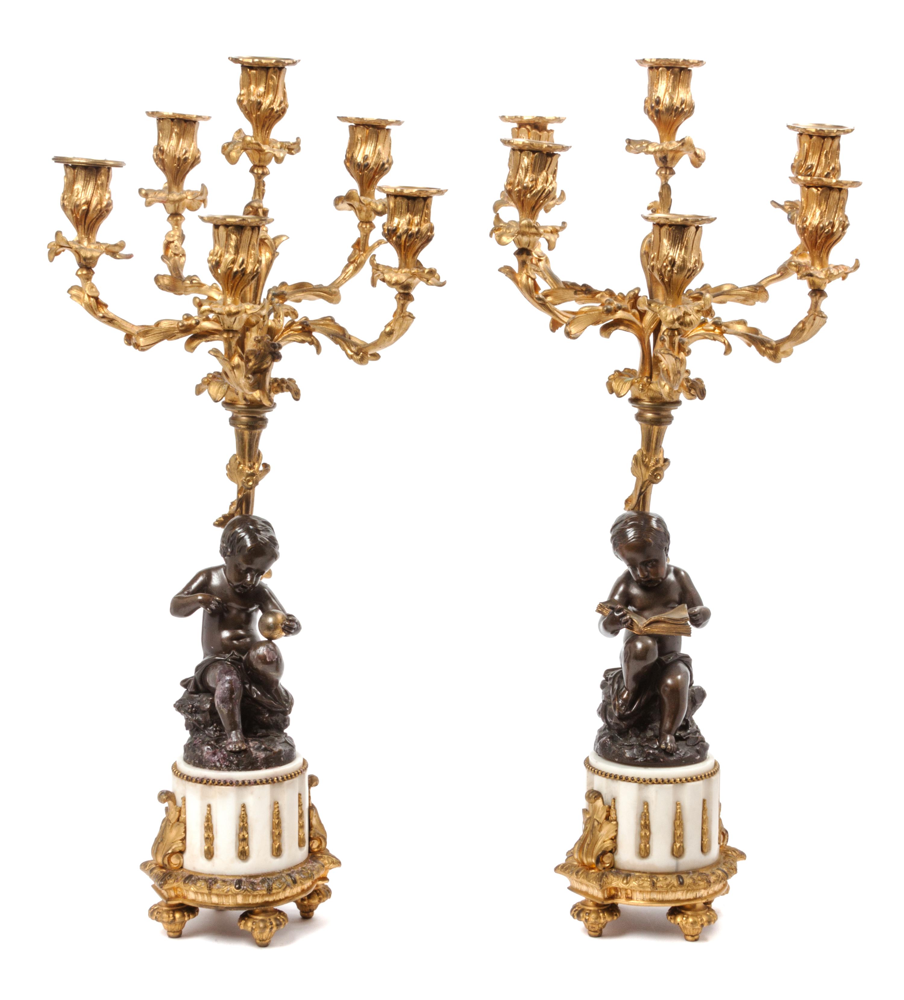 A Pair of French Gilt and Patinated Bronze Six-Light Candelabra Height 24 1/4 inches. — 19TH/20TH CENTURY