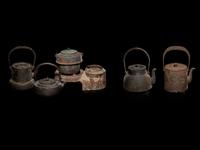 Five Japanese Cast Iron Teapots, Tetsubin , and Burner