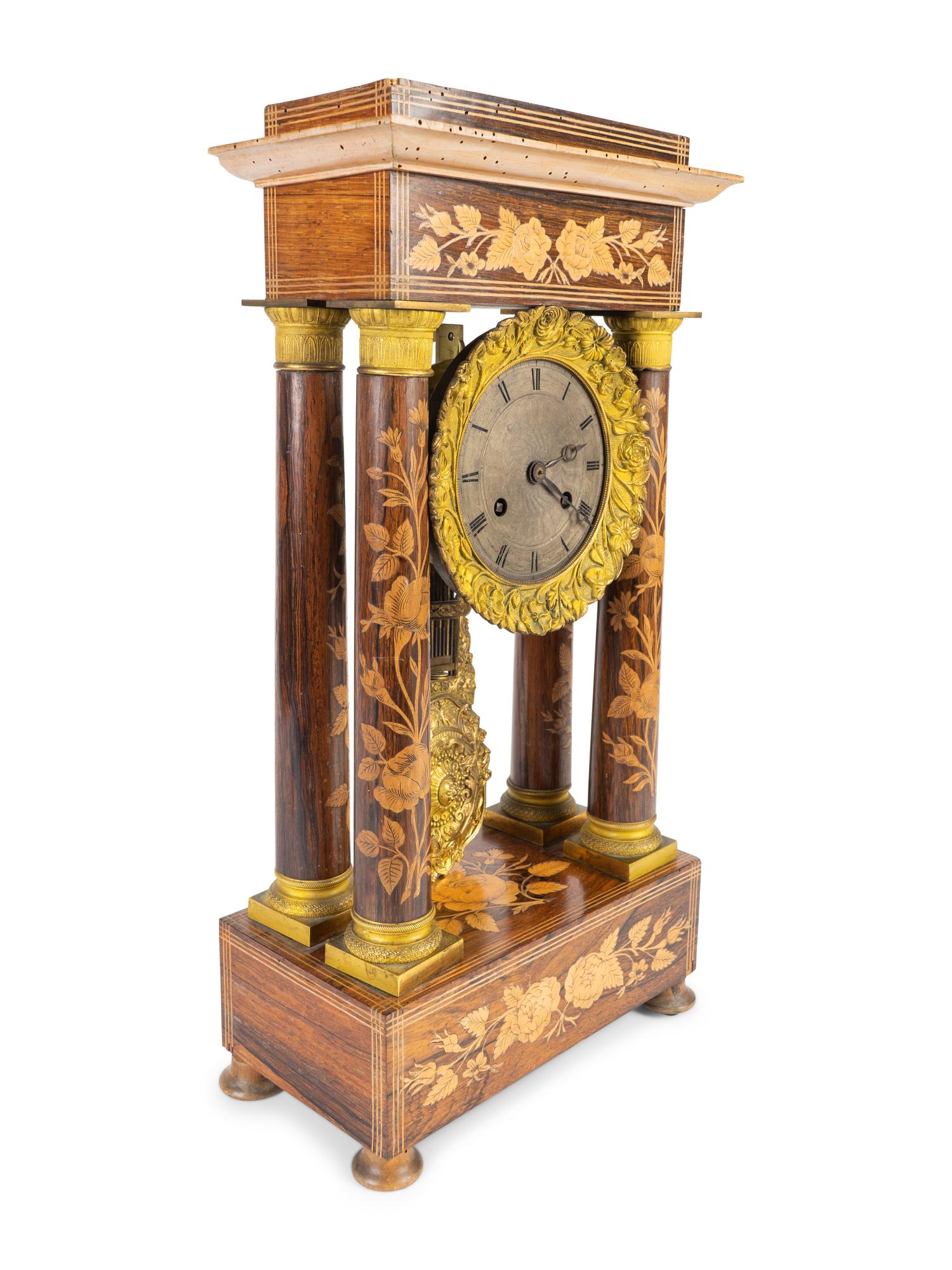 A French Marquetry Inlaid Portico Clock — 19TH CENTURY