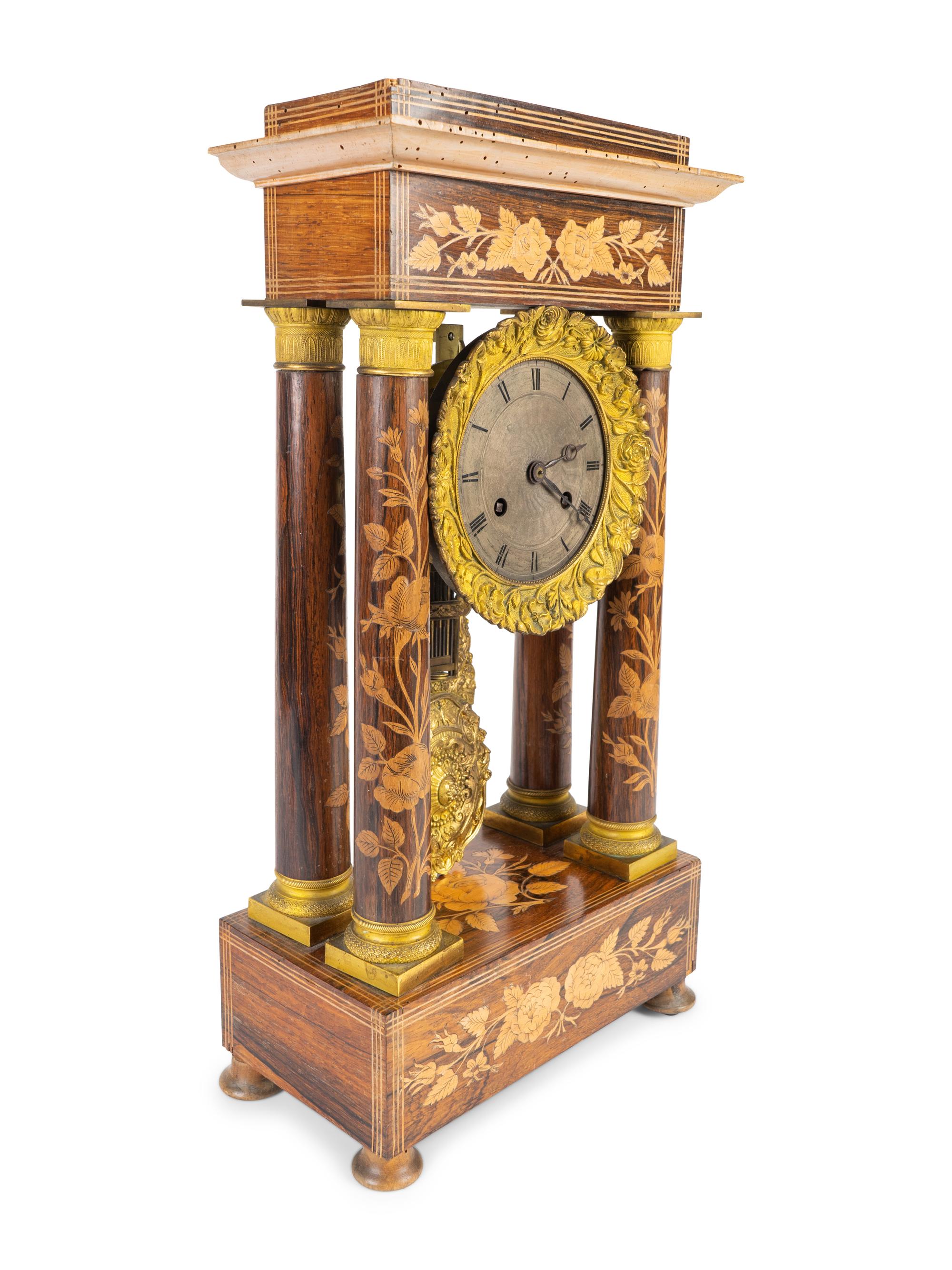 A French Marquetry Inlaid Portico Clock — 19TH CENTURY