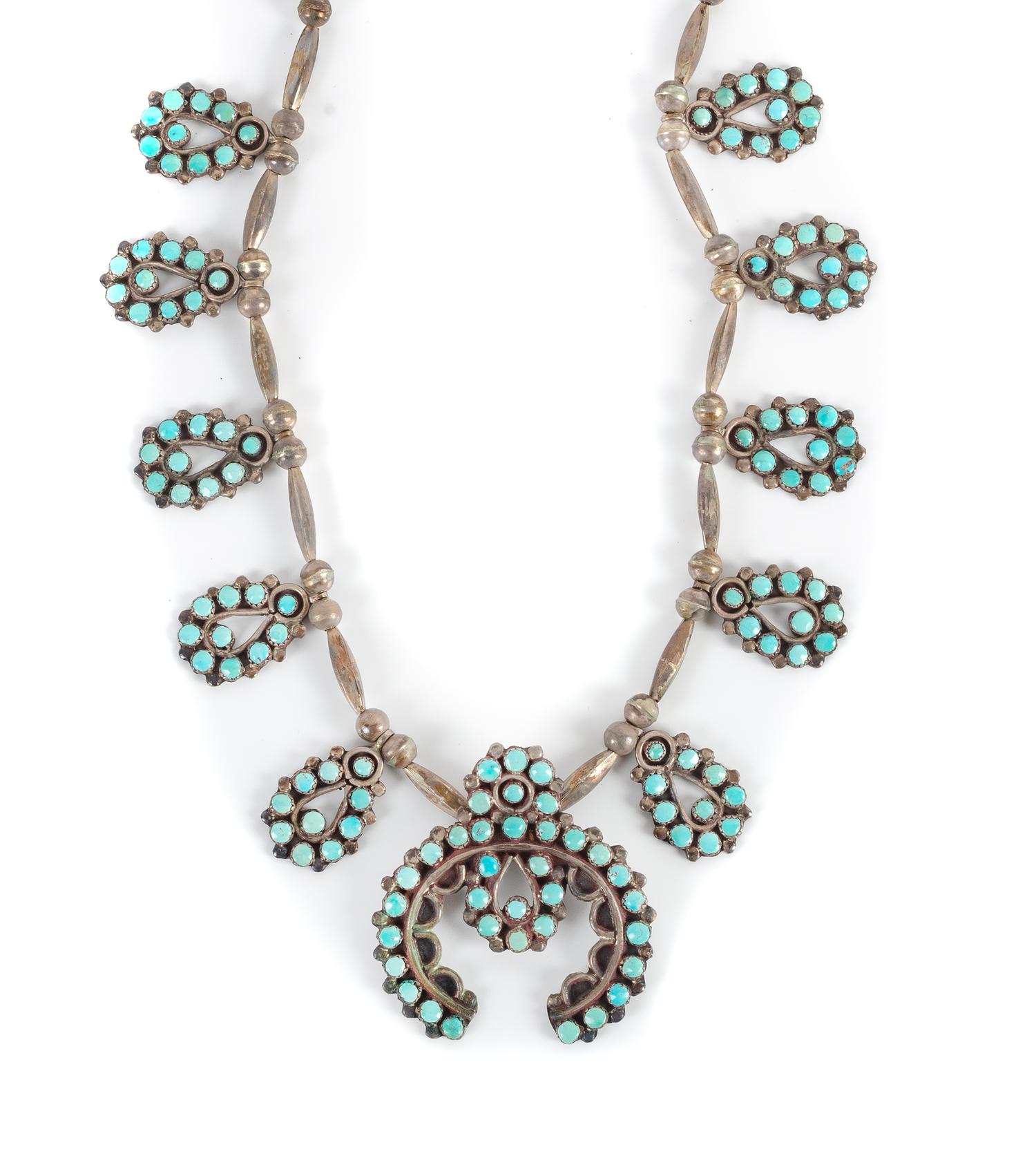 Southwestern Silver and Turquoise Squash Blossom Necklace Length 28 inches