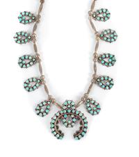 Southwestern Silver and Turquoise Squash Blossom Necklace Length 28 inches