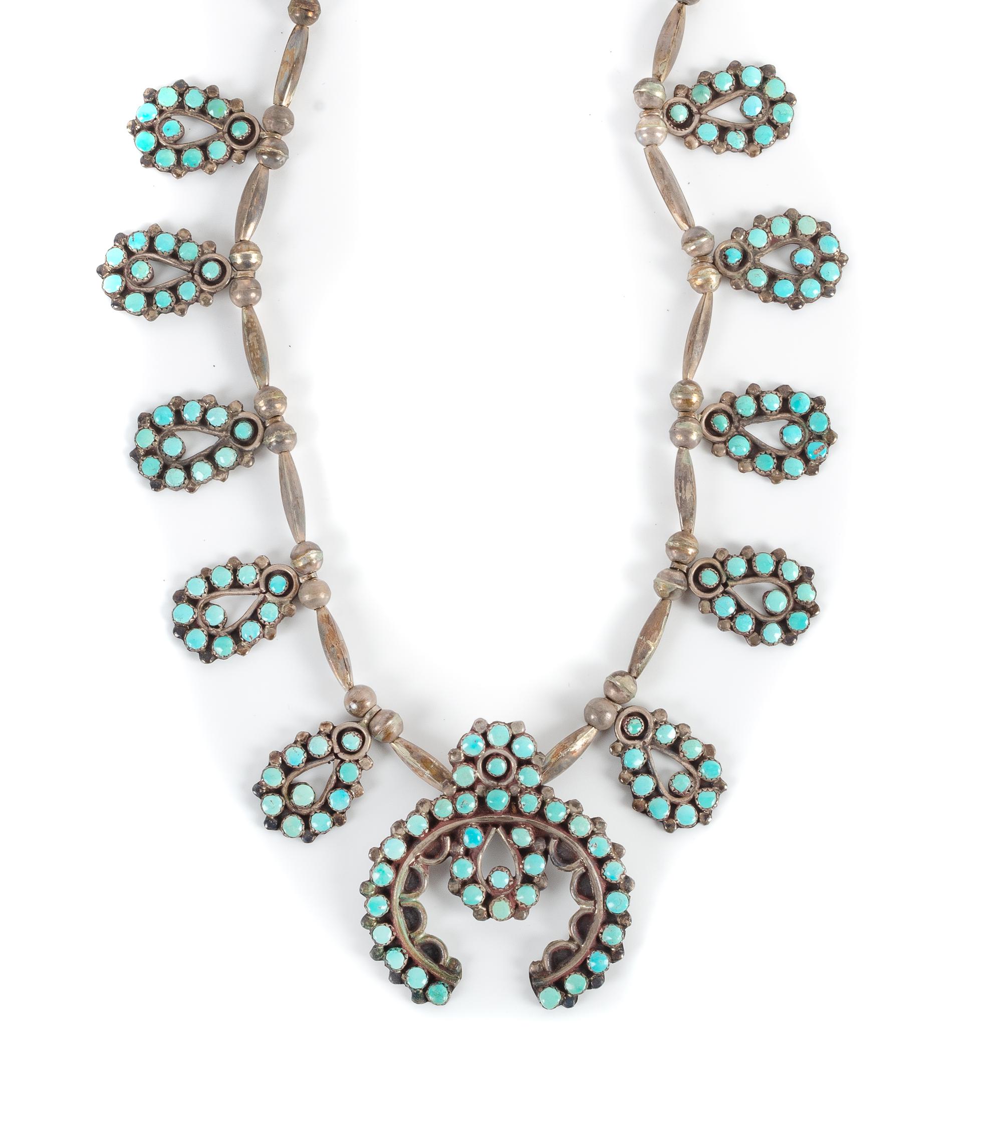 Southwestern Silver and Turquoise Squash Blossom Necklace Length 28 inches