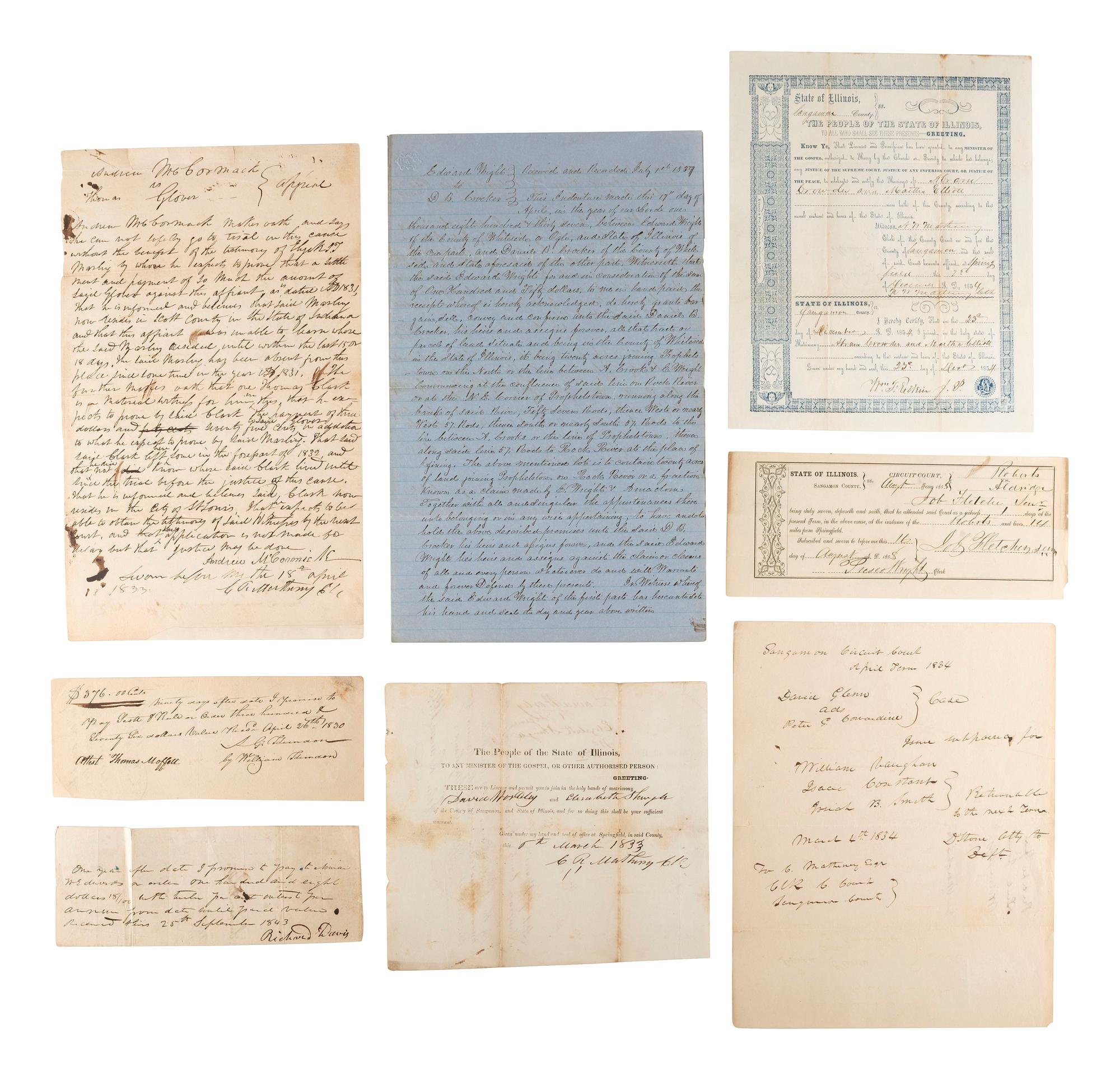 [LINCOLN, Abraham (1809-1865) -- THE LONG NINE]. Documents and autographs from members of "The Long Nine"