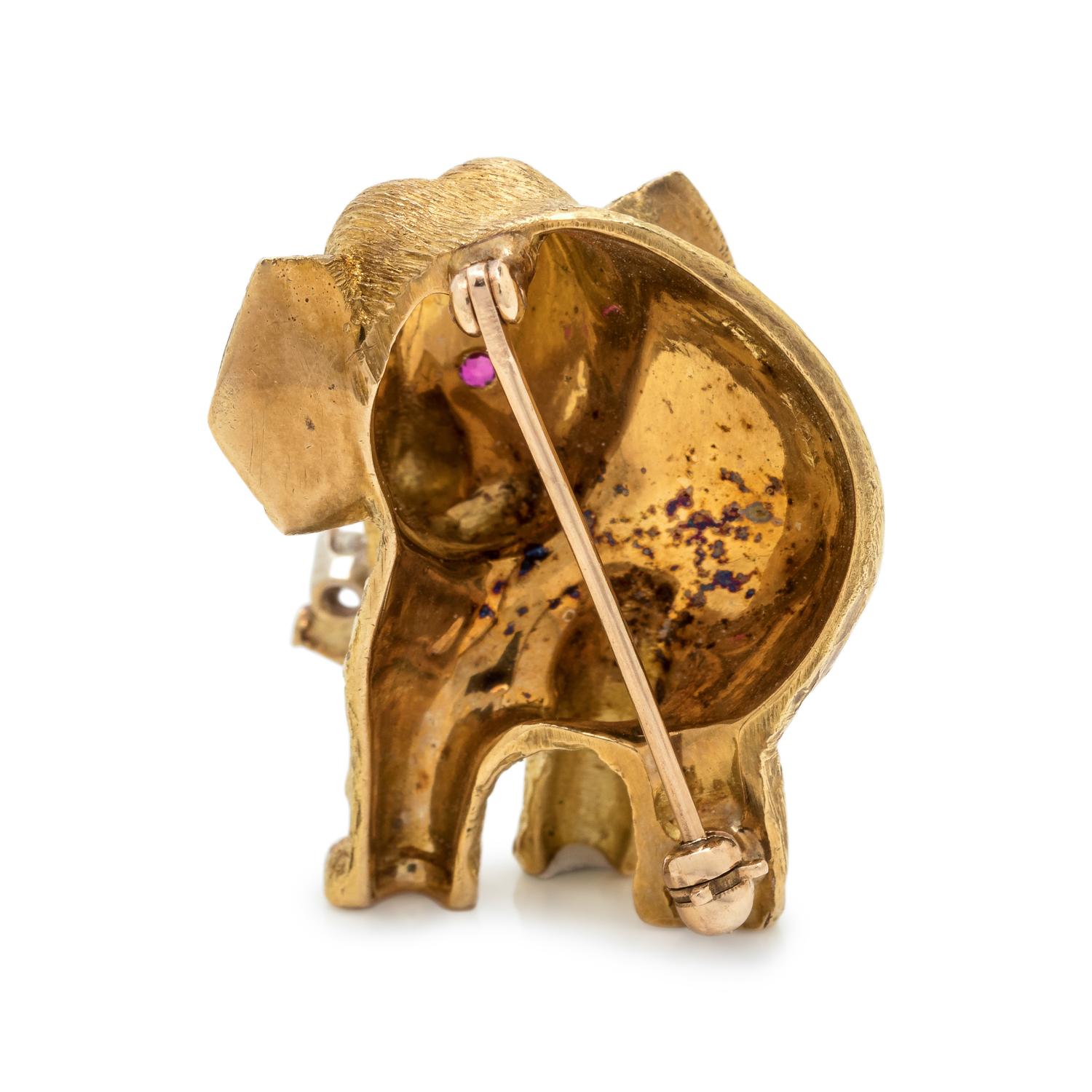 YELLOW GOLD, DIAMOND AND RUBY ELEPHANT BROOCH