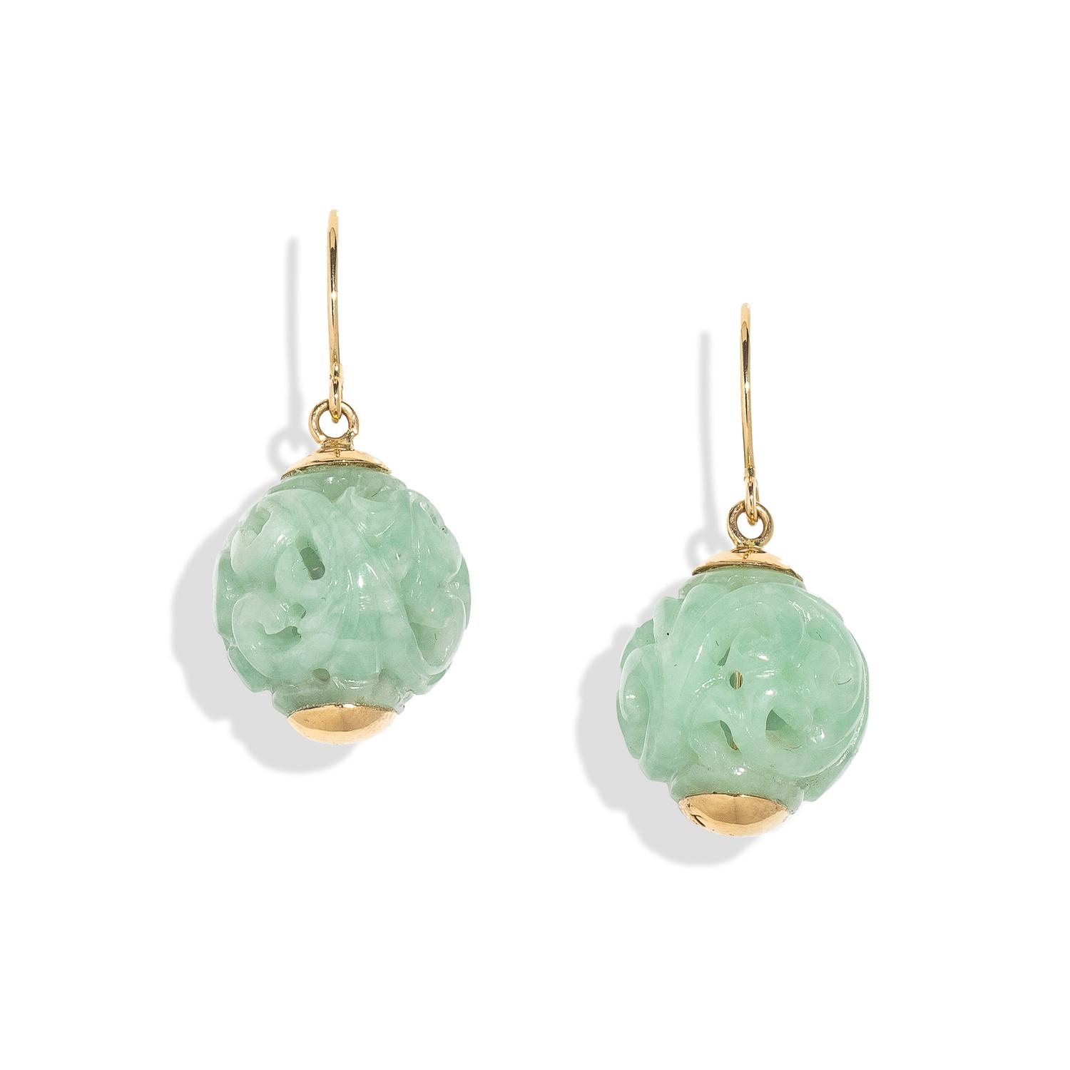 GUMPS, CARVED JADE AND YELLOW GOLD EARRINGS
