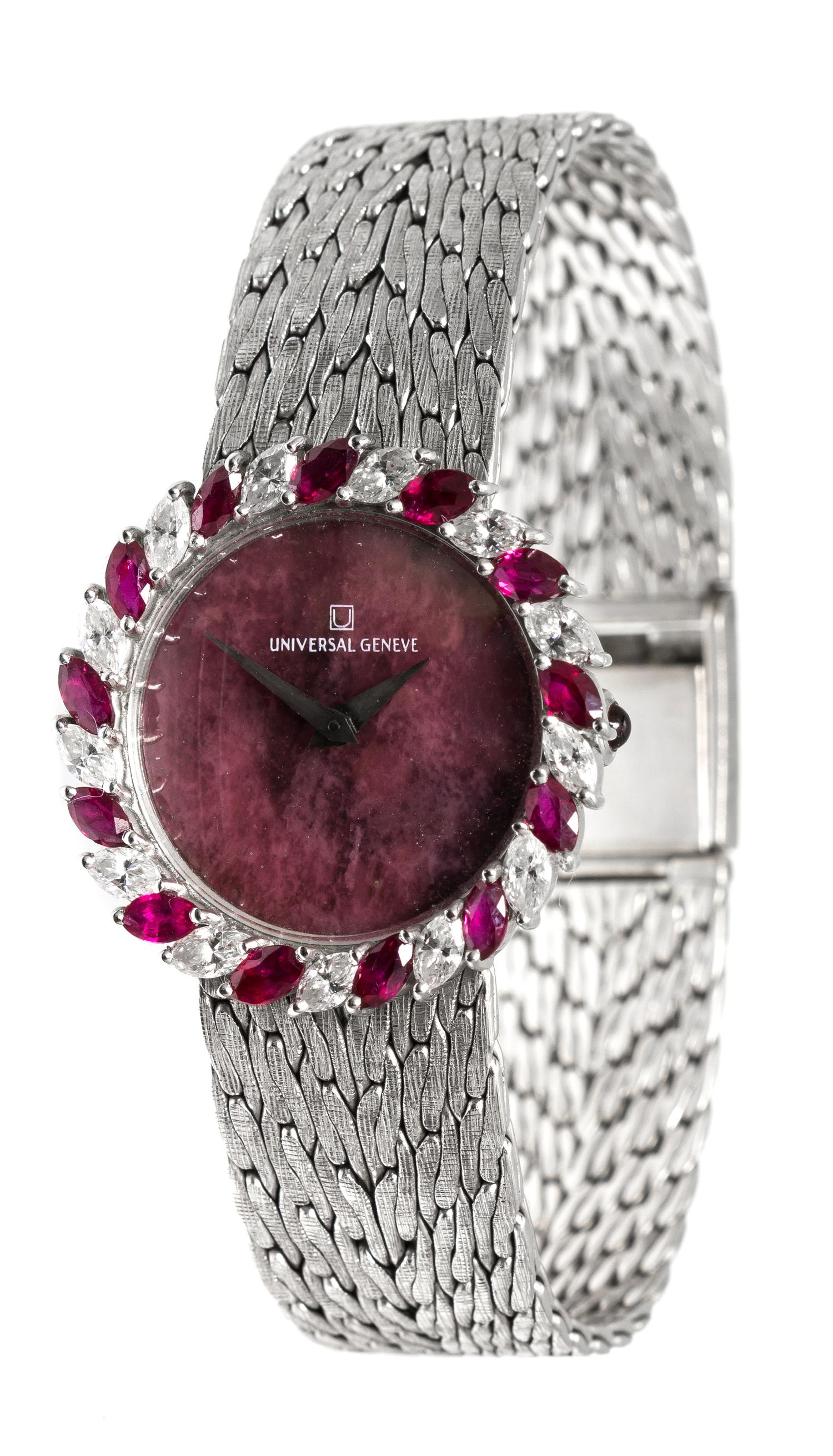An 18 Karat White Gold, Diamond and Ruby Wristwatch, Universal Geneve, 37.20 dwts.