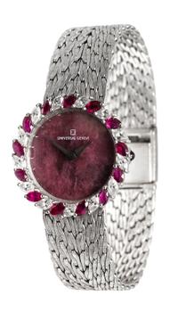 An 18 Karat White Gold, Diamond and Ruby Wristwatch, Universal Geneve, 37.20 dwts.