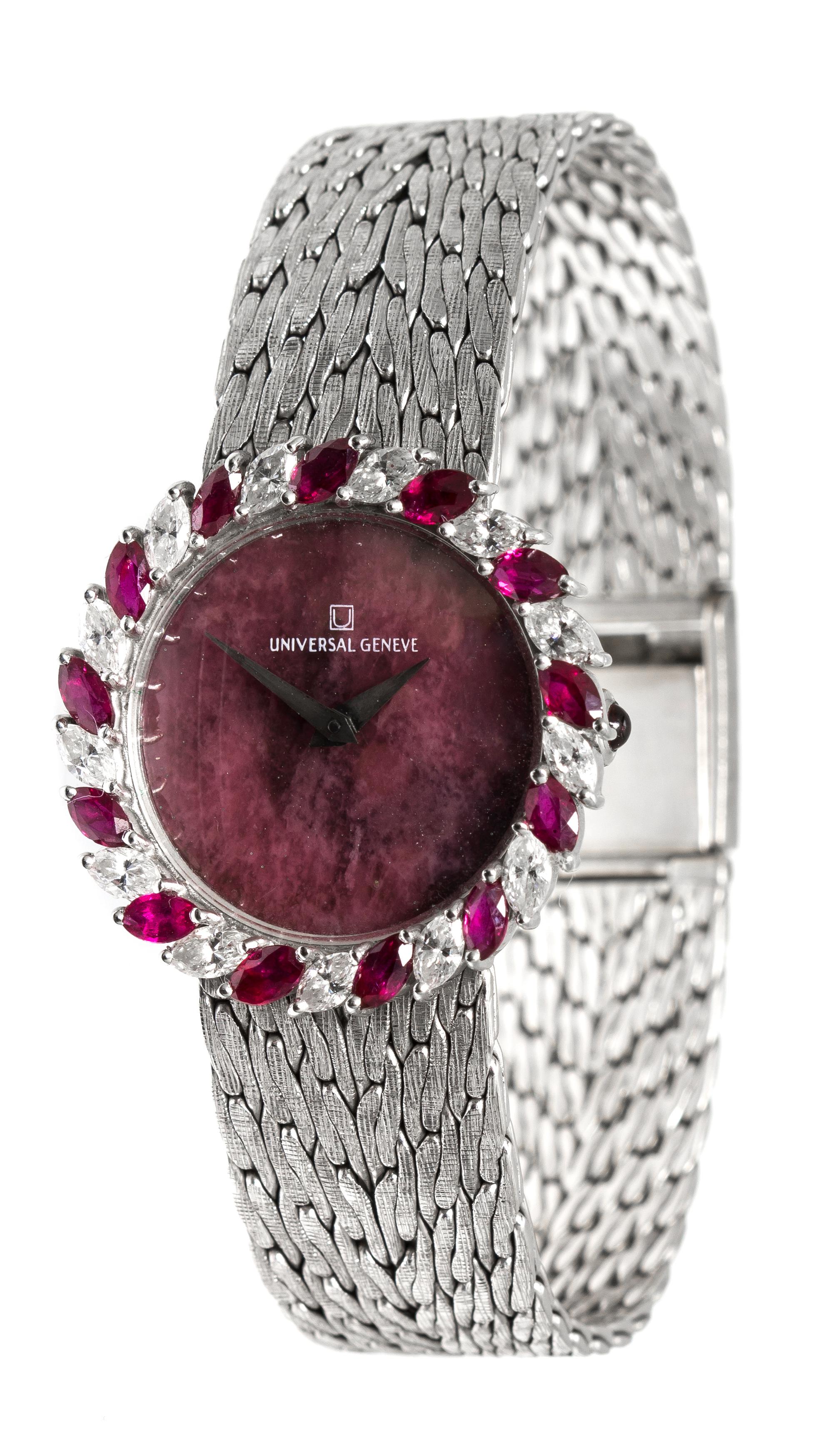 An 18 Karat White Gold, Diamond and Ruby Wristwatch, Universal Geneve, 37.20 dwts.