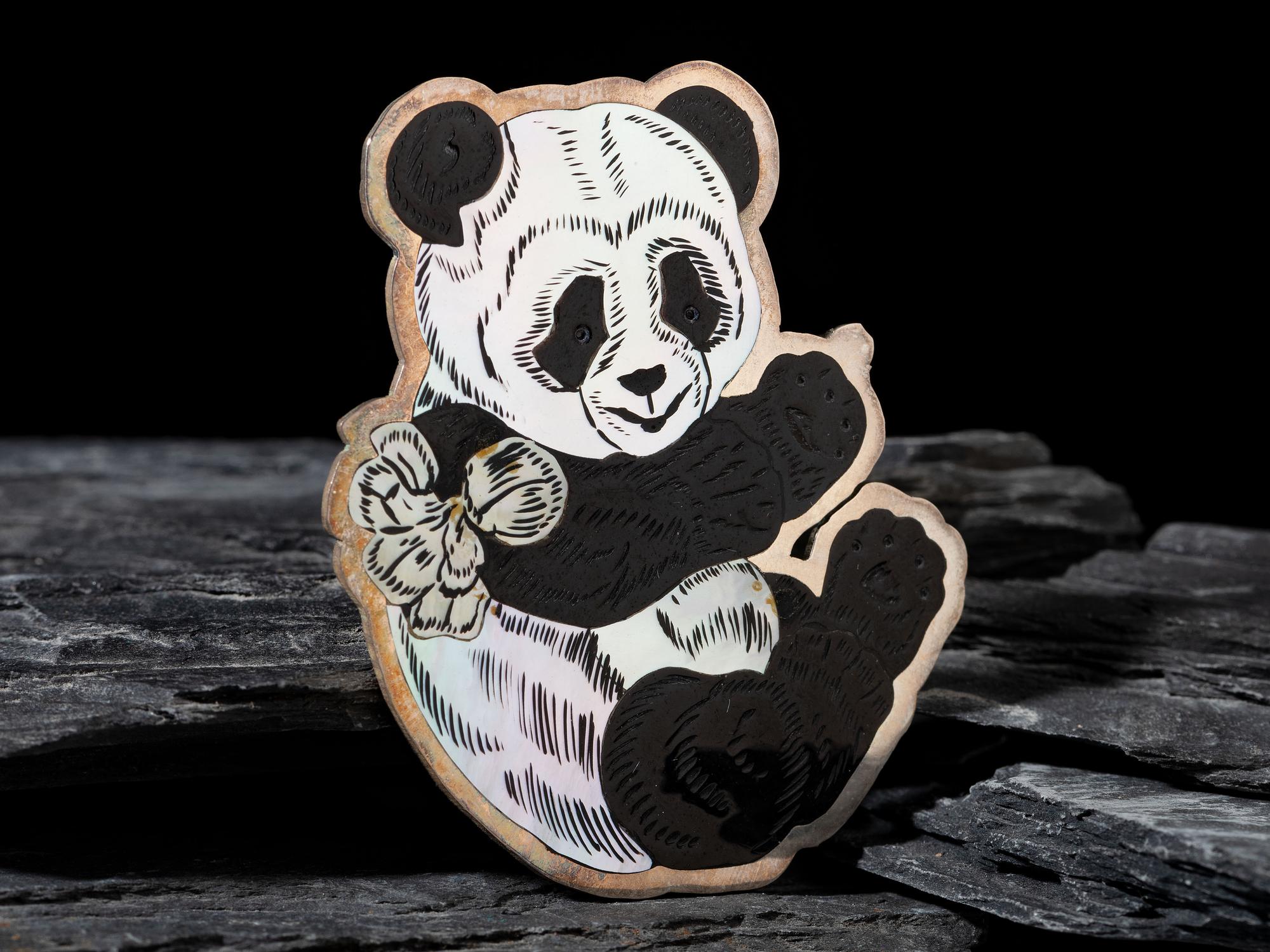 Silver and Mosaic Inlay Panda Bear Pin / Pendant