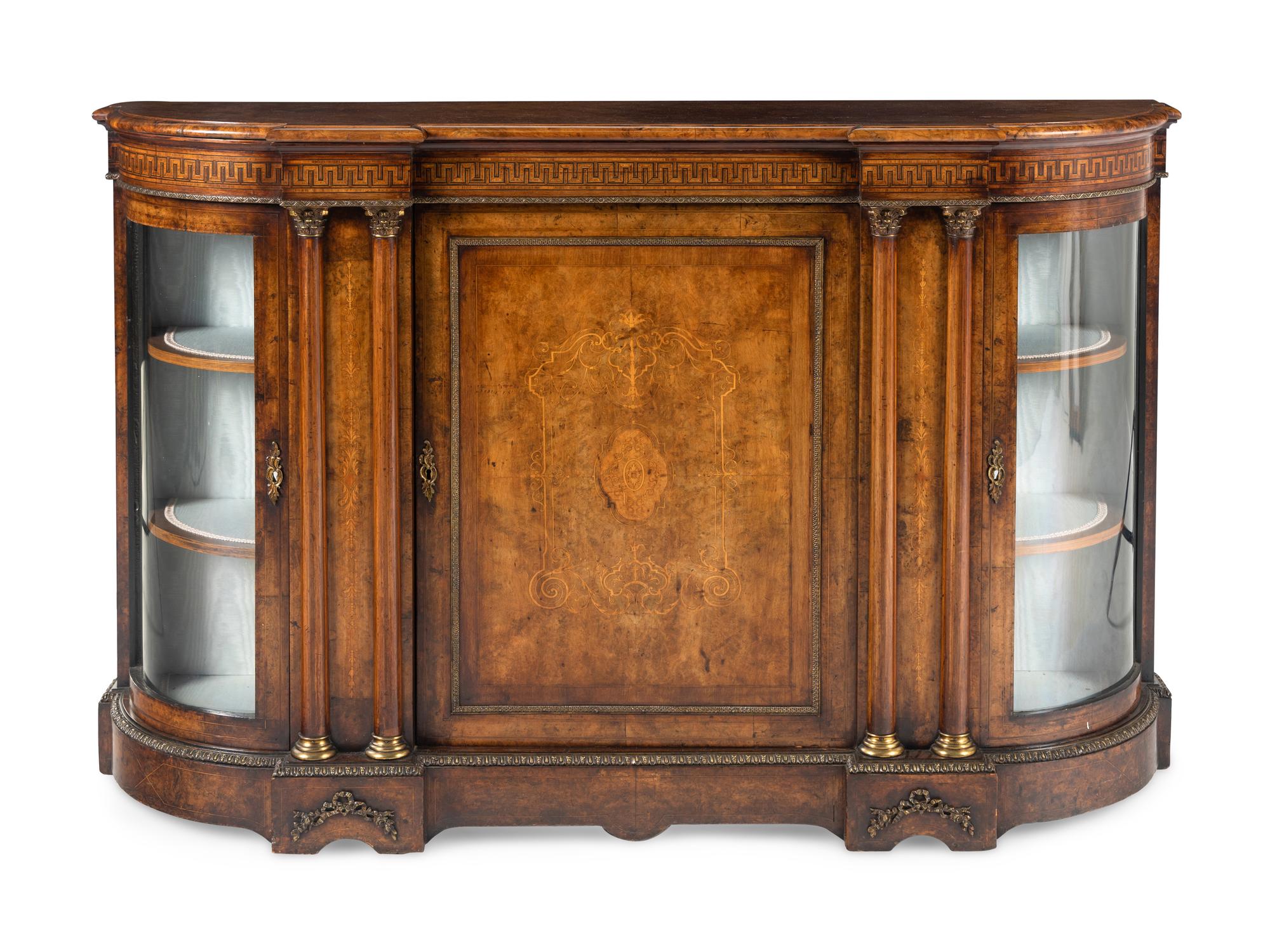 An English Gilt Metal Mounted Walnut and Marquetry Serving Cabinet