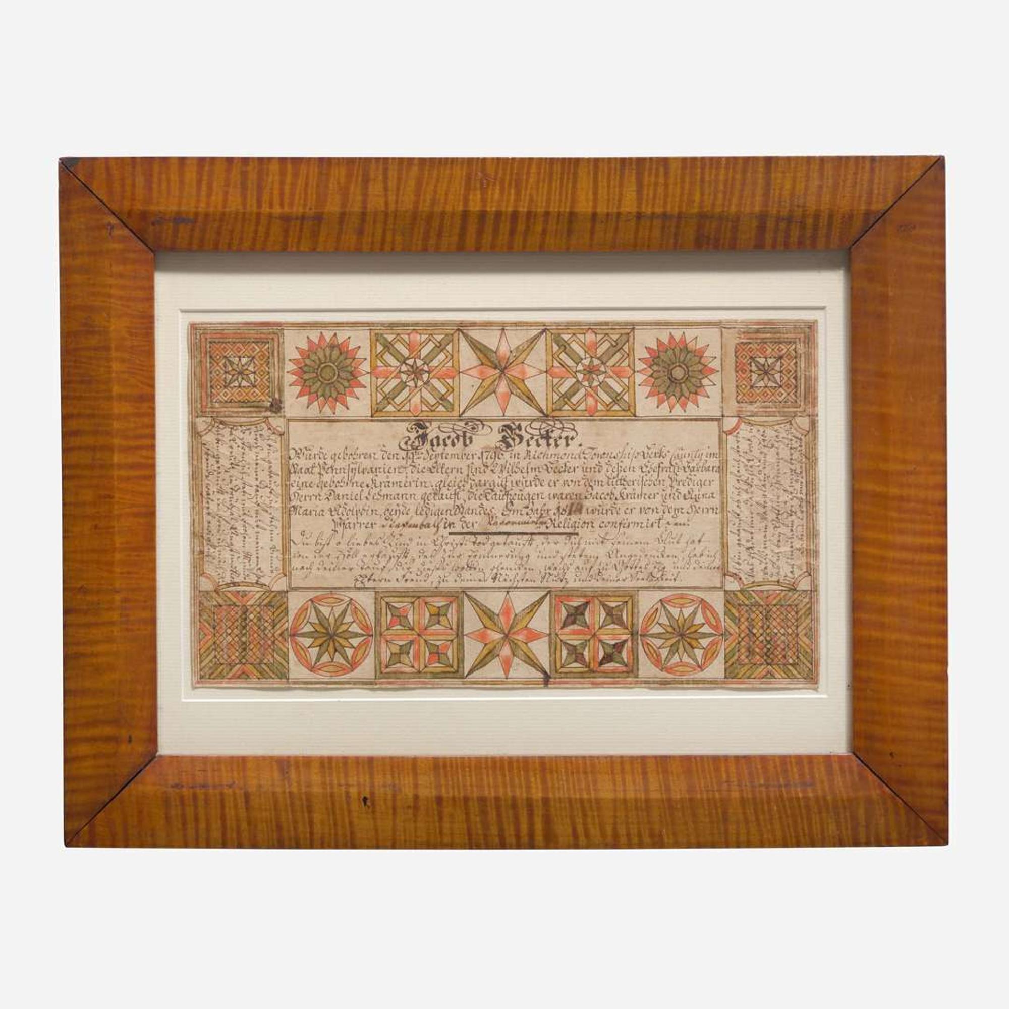 A Fraktur birth and baptism record for Jacob Bechter (b. 1796) Attributed to the Wetzel Geometric Artist, Berks County, PA, dated "1814"
