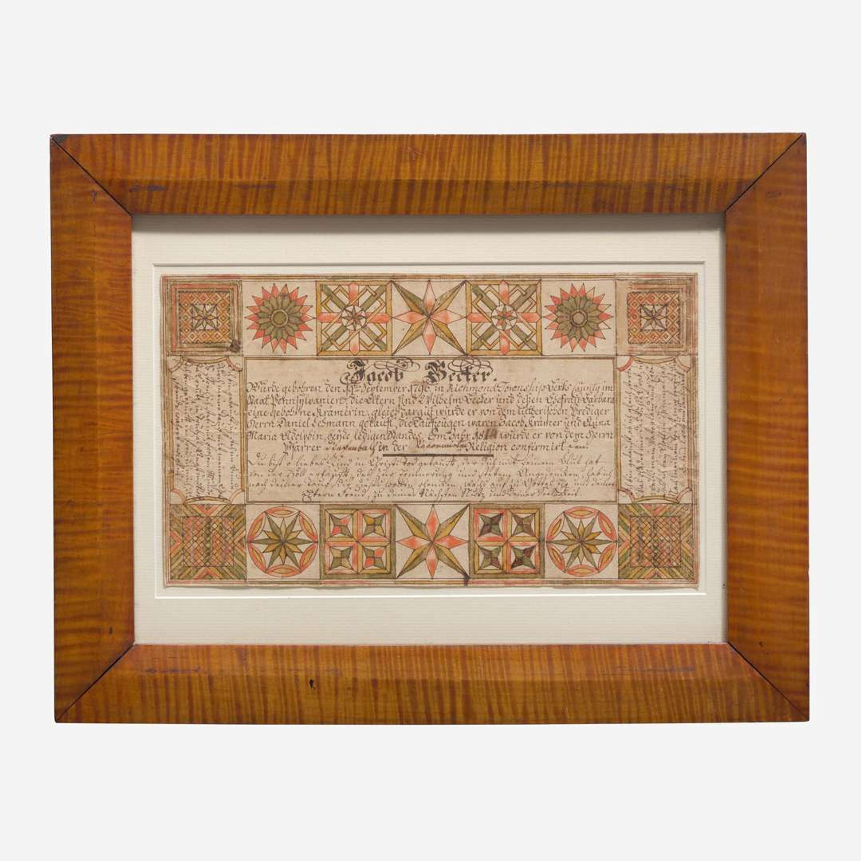 A Fraktur birth and baptism record for Jacob Bechter (b. 1796) Attributed to the Wetzel Geometric Artist, Berks County, PA, dated "1814"