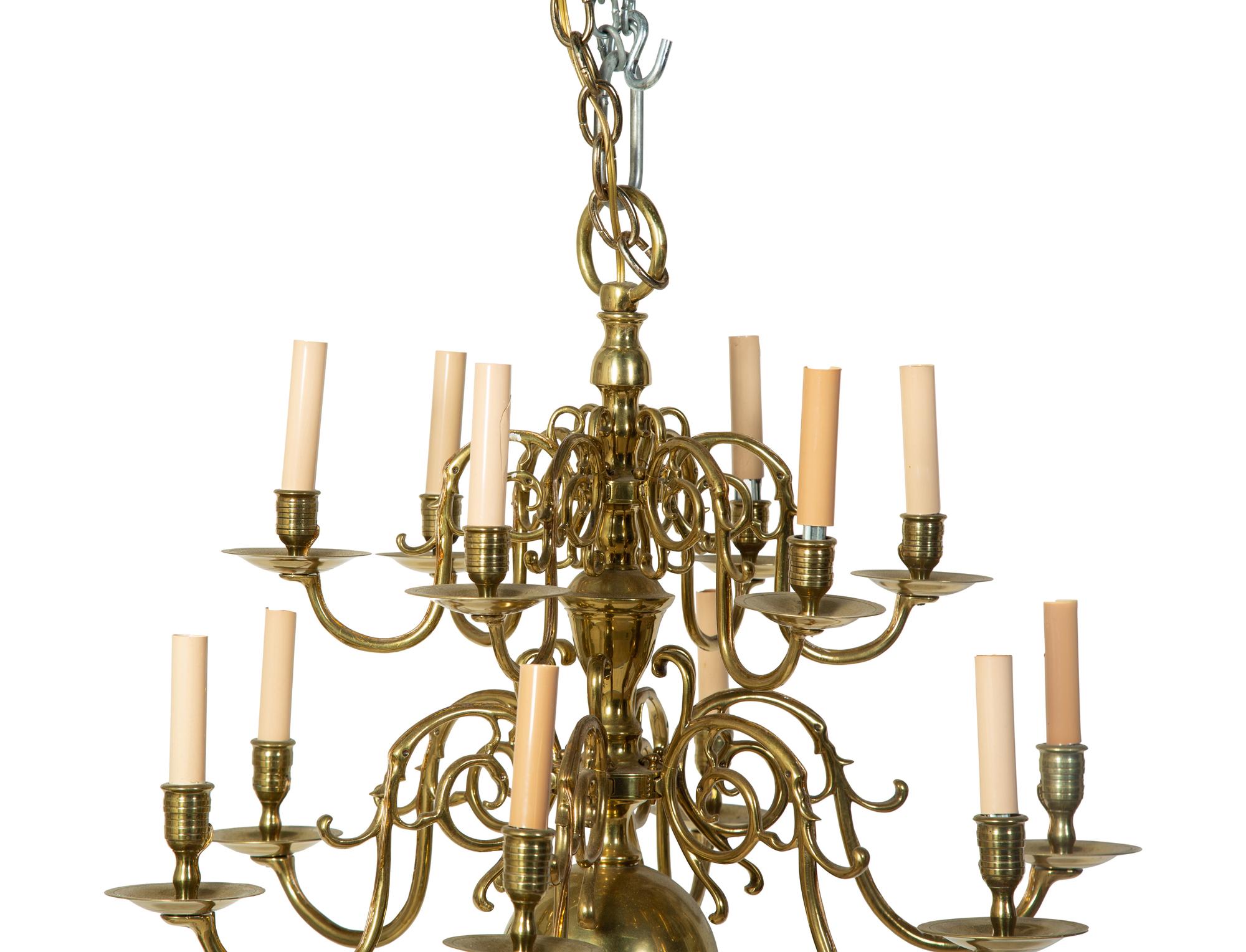 An American Brass Two Tier Twelve-Light Chandelier — 20TH CENTURY