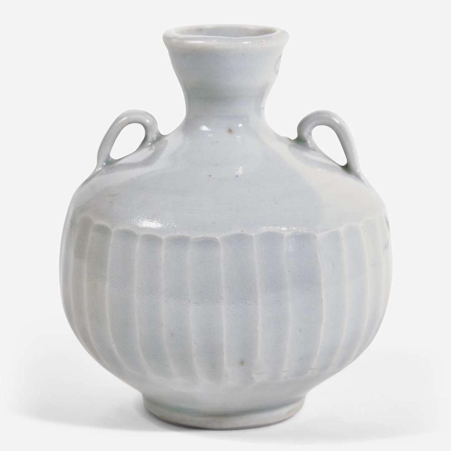Bernard Leach (British, 1887-1979) St. Ives Carved Celadon Urn and Brown Glaze Creamer, UK, circa second quarter 20th century