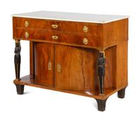 A Russian or Baltic Neoclassical Parcel Ebonized and Gilt Bronze Mounted Mahogany Marble-Top Cabinet