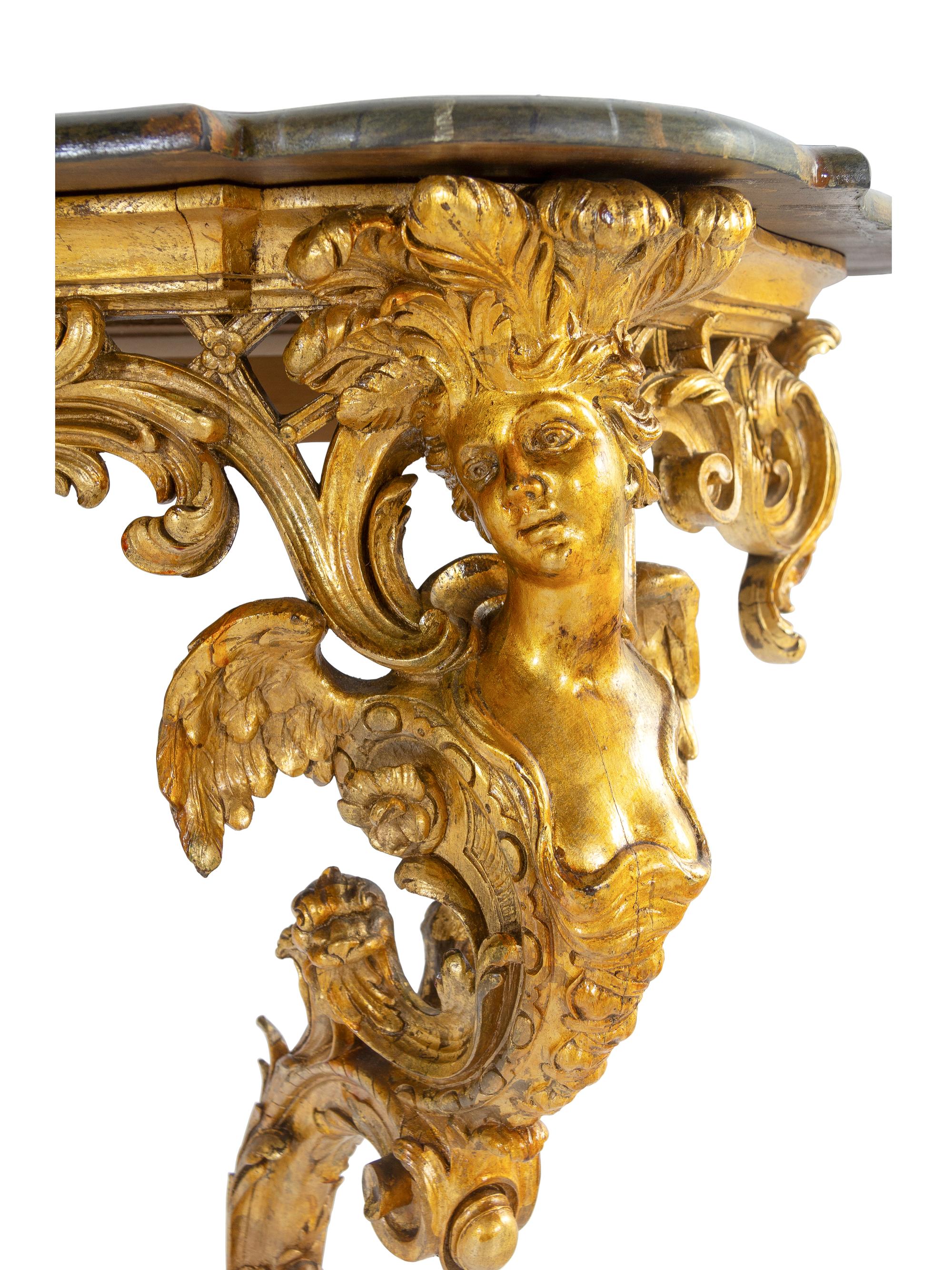 A Louis XV Style Carved Giltwood Faux Marble-Top Console Table