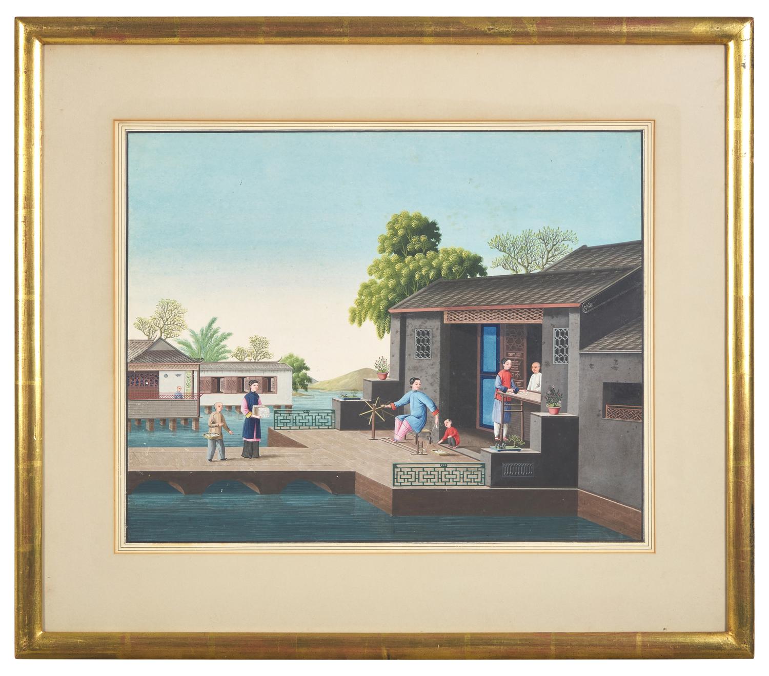 Chinese Export School 19th Century, A Set of Four Paintings Depicting Various Stages of Silk Production